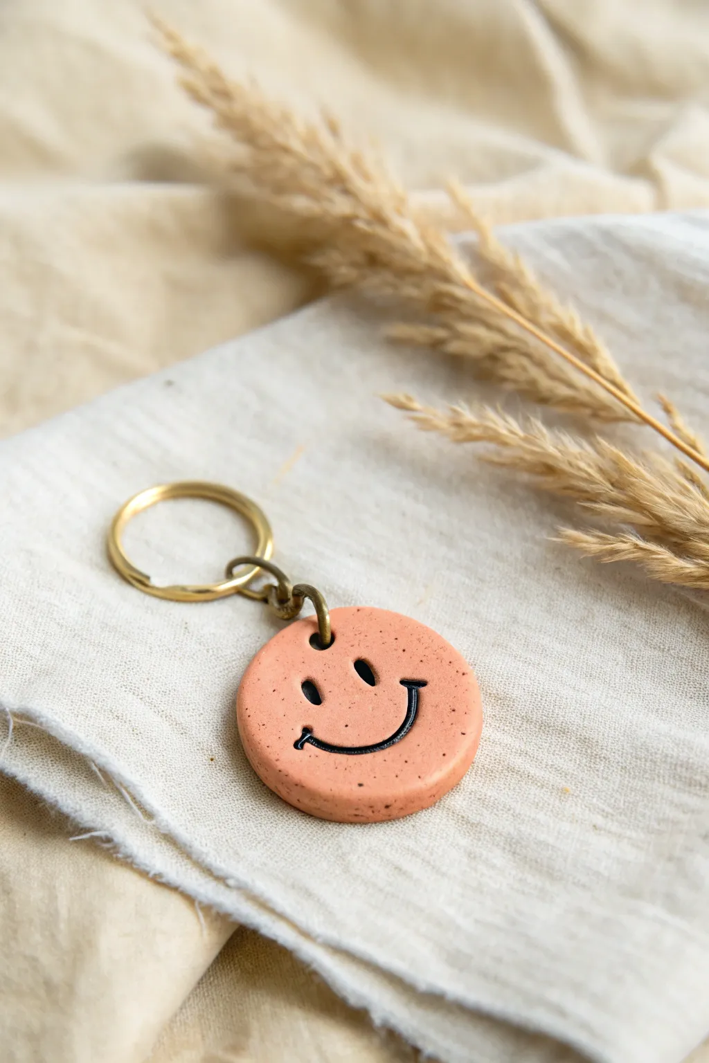 Handmade pastel smiley coin keychain in minimalist boho style, a cheerful clay charm.