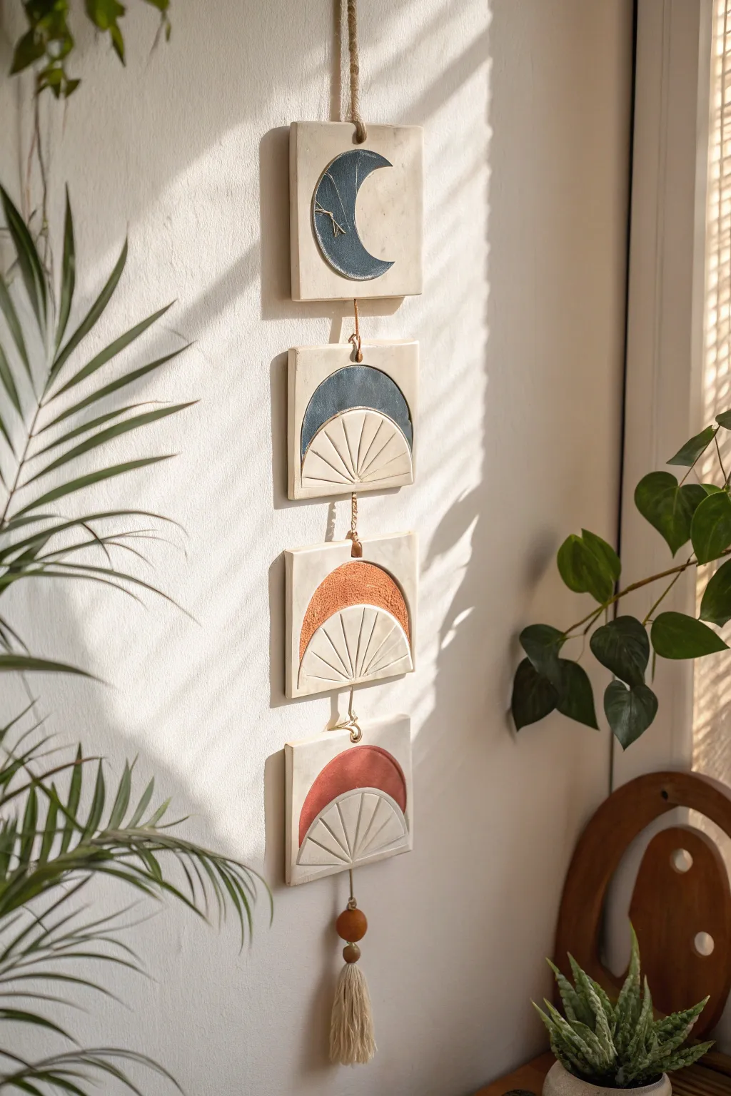 Modern boho clay wall hanging tiles in bold colors, an easy kit idea for your next DIY project.