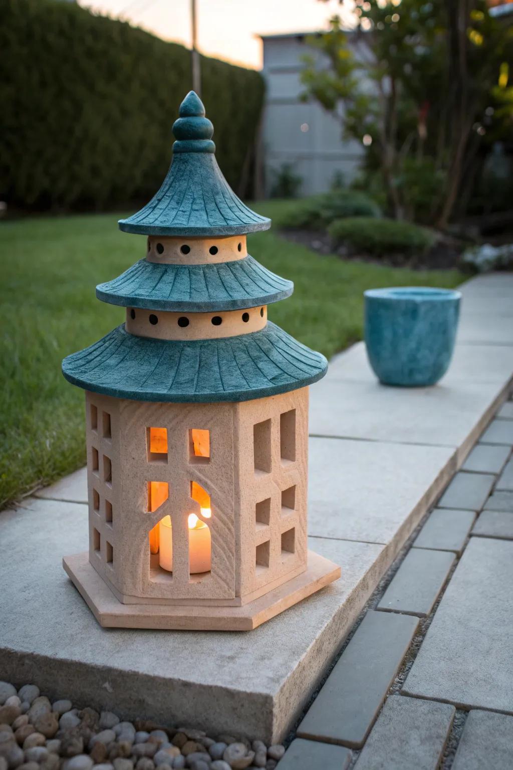 Pagoda roof clay lantern glowing at dusk, minimal lines, bold color, and cozy handmade warmth.