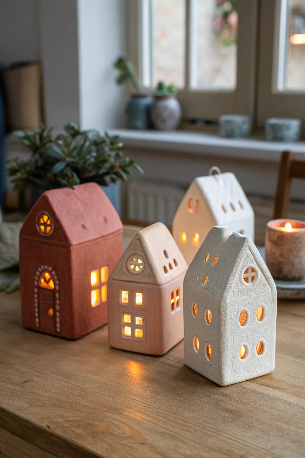 Mini clay house lantern village set glowing in warm light, minimalist boho decor inspiration
