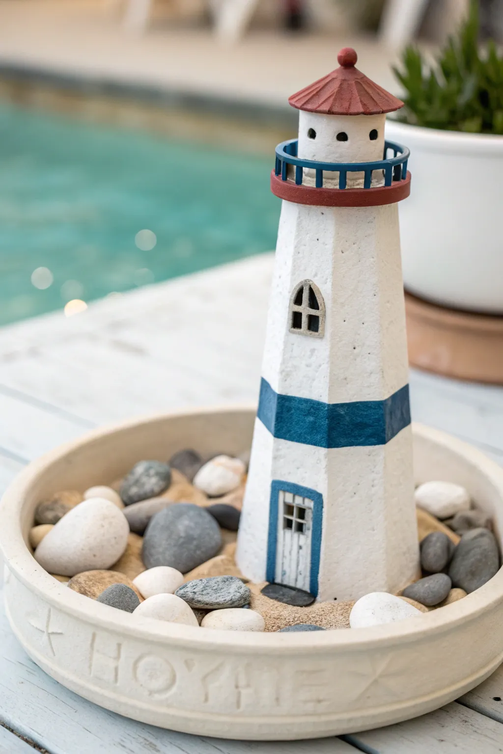 Poolside clay lighthouse on a sand-and-pebble tray for relaxed, summery coastal decor