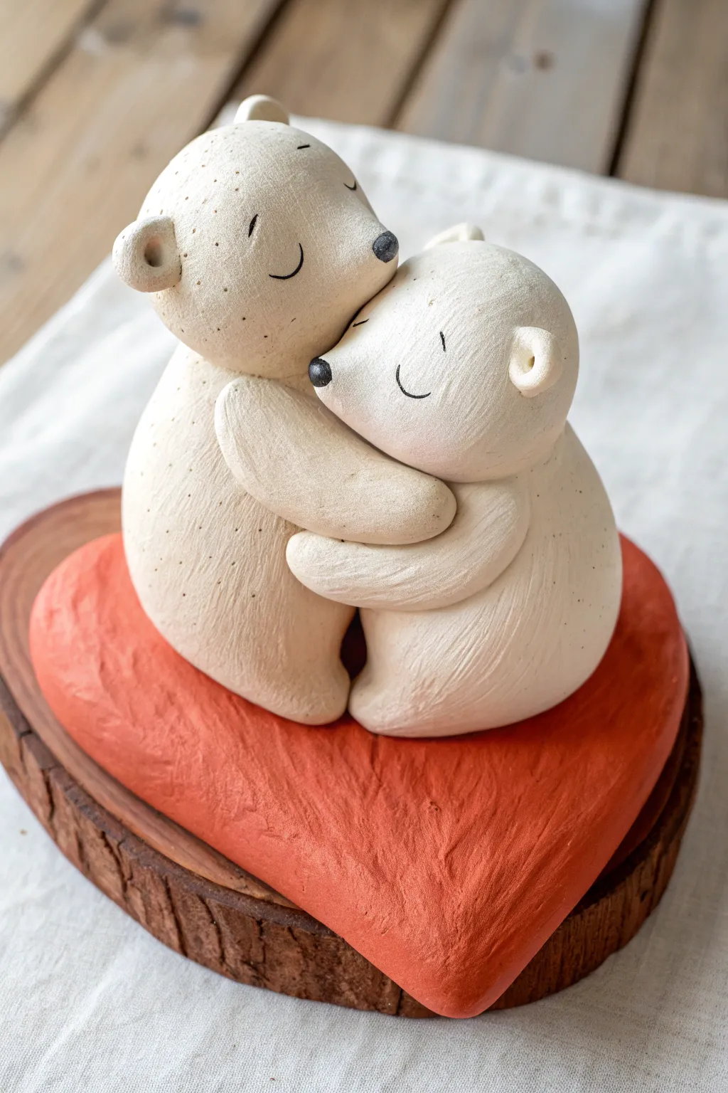 Cozy cuddling bear couple on a heart base—minimalist, handmade, and perfect for a clay date night