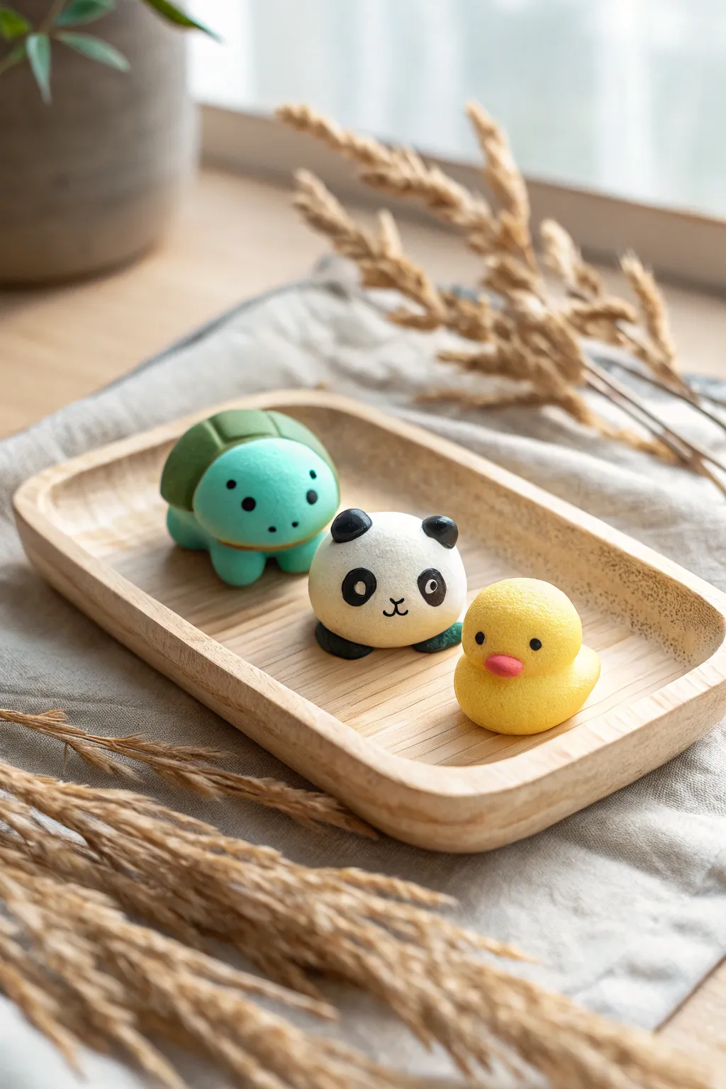 Tiny pocket pet clay animals: turtle, panda bear, and chick in bright minimalist colors.