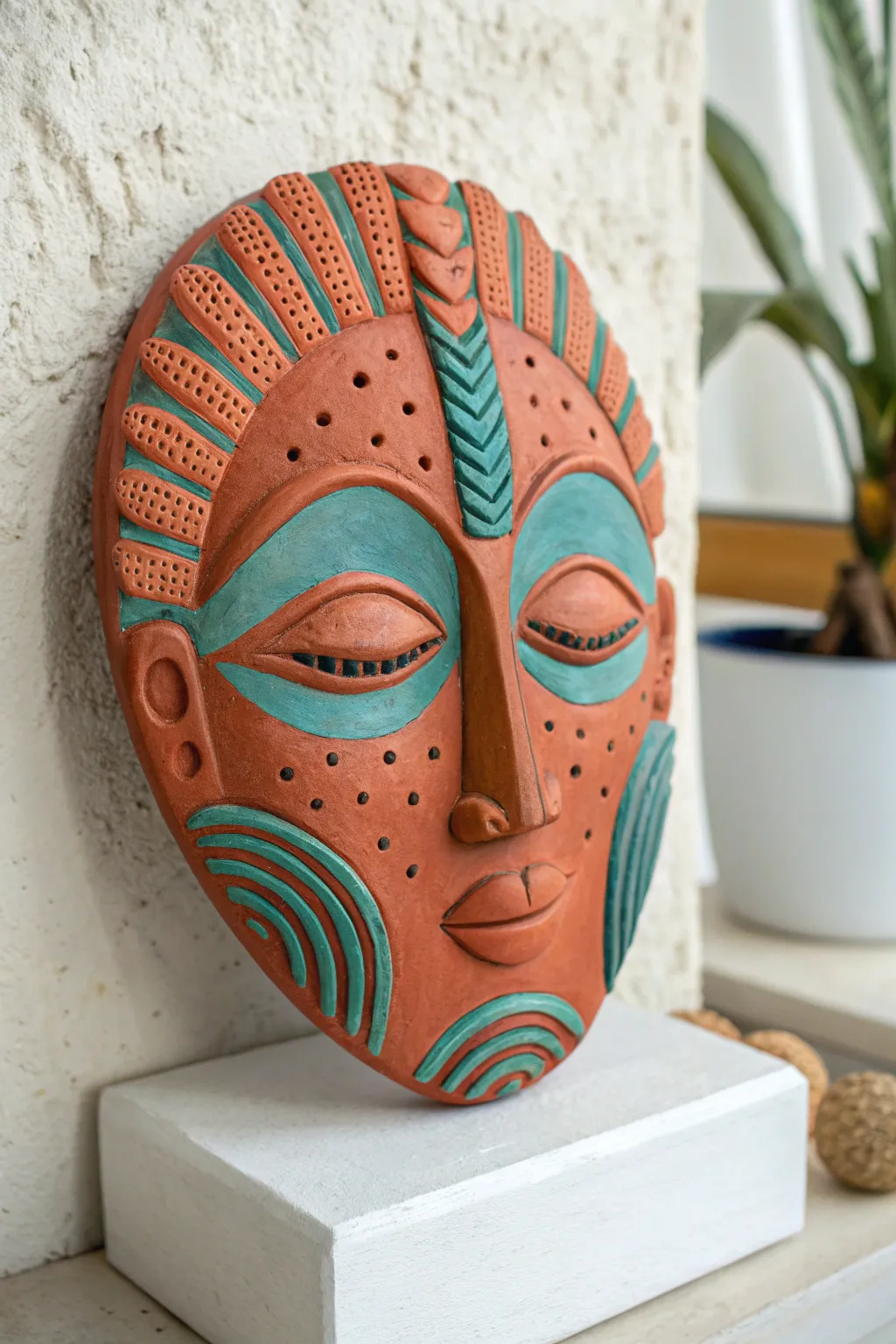 Chunky coil brows and stamped freckles turn a simple clay mask into bold, tactile charm.