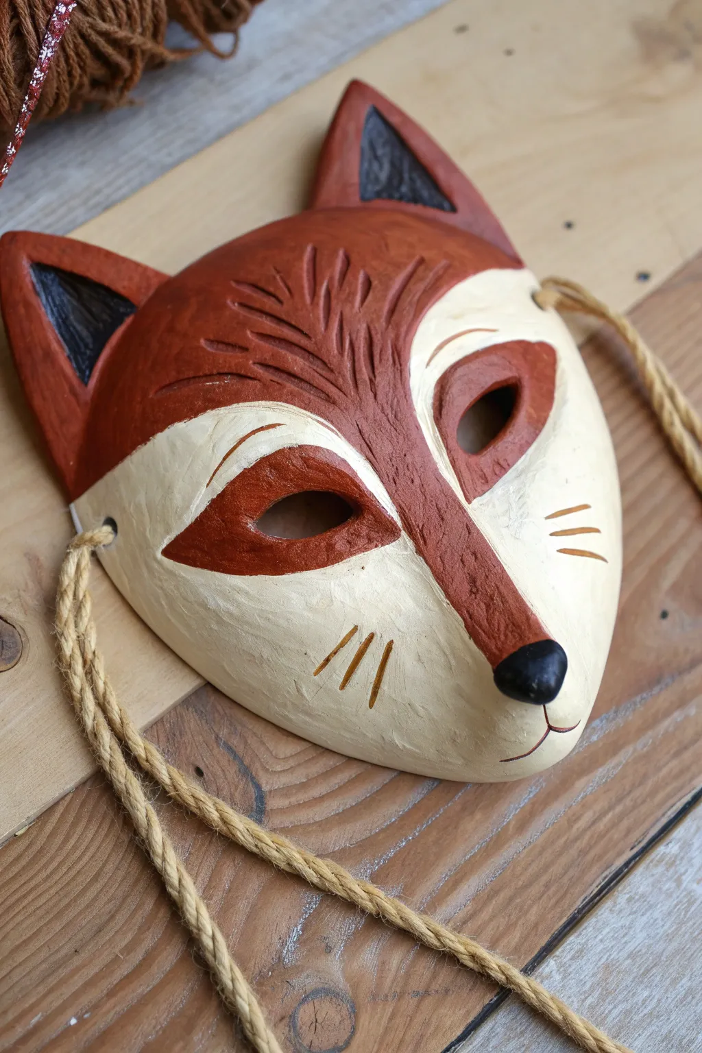 Half human, half animal clay mask with bold color blocking for an art class showpiece.