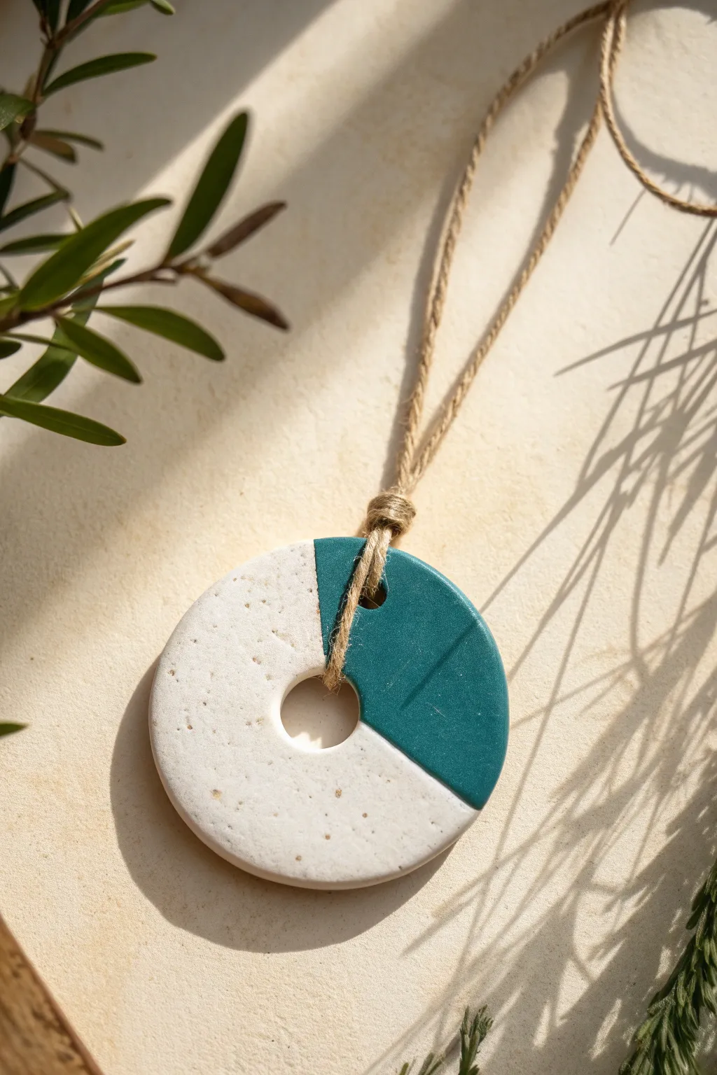 Modern cutout clay medallion with bold color peek-through, airy and minimalist design.