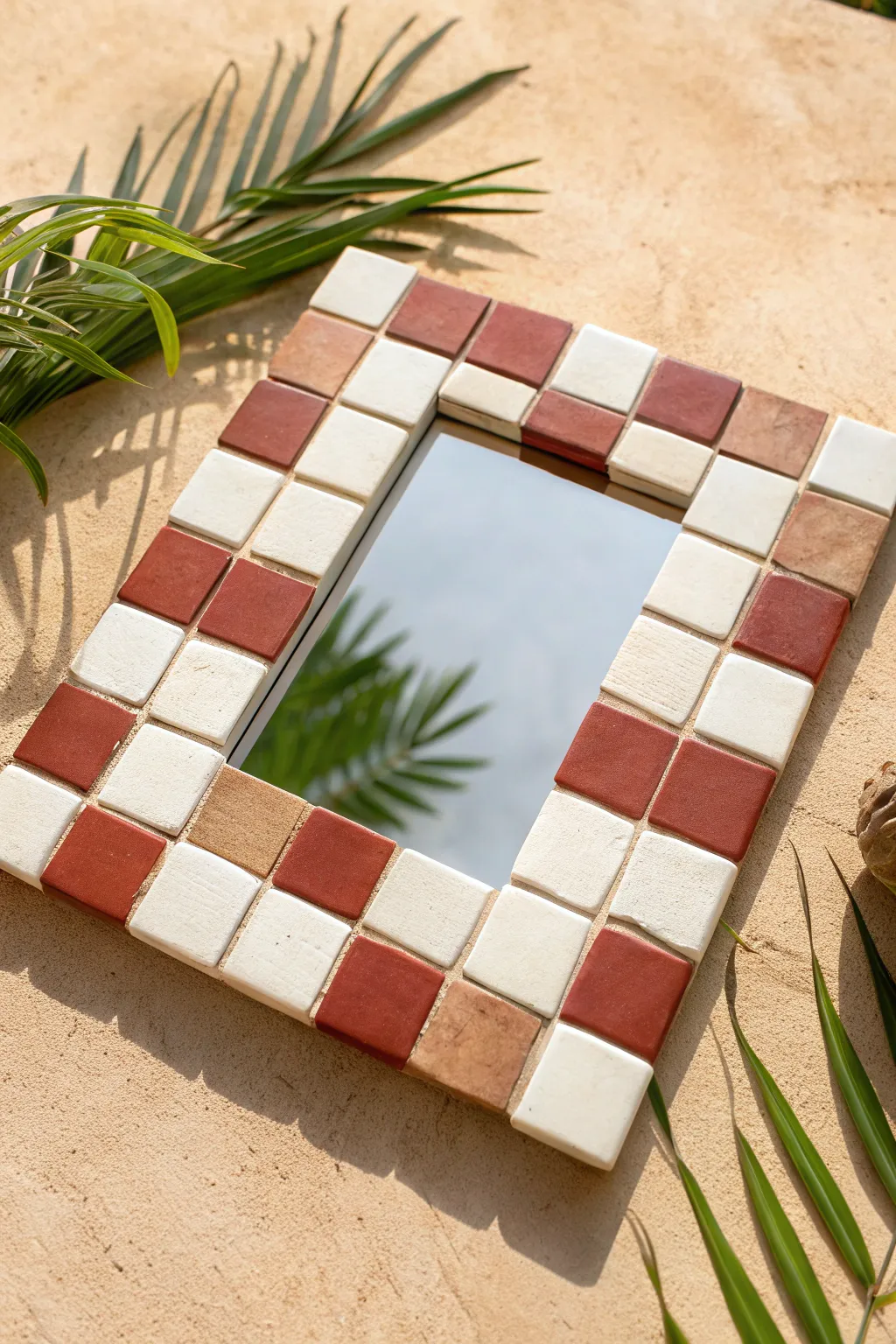 DIY checkerboard clay tiles frame this square mirror for a bold yet minimal Scandinavian-boho look.