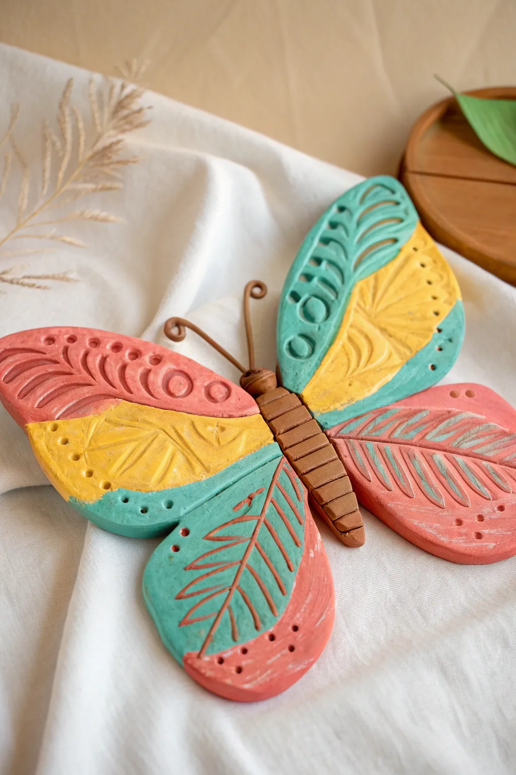 Bright stamped clay butterfly with simple coil body, a sweet kindergarten-ready modeling idea.