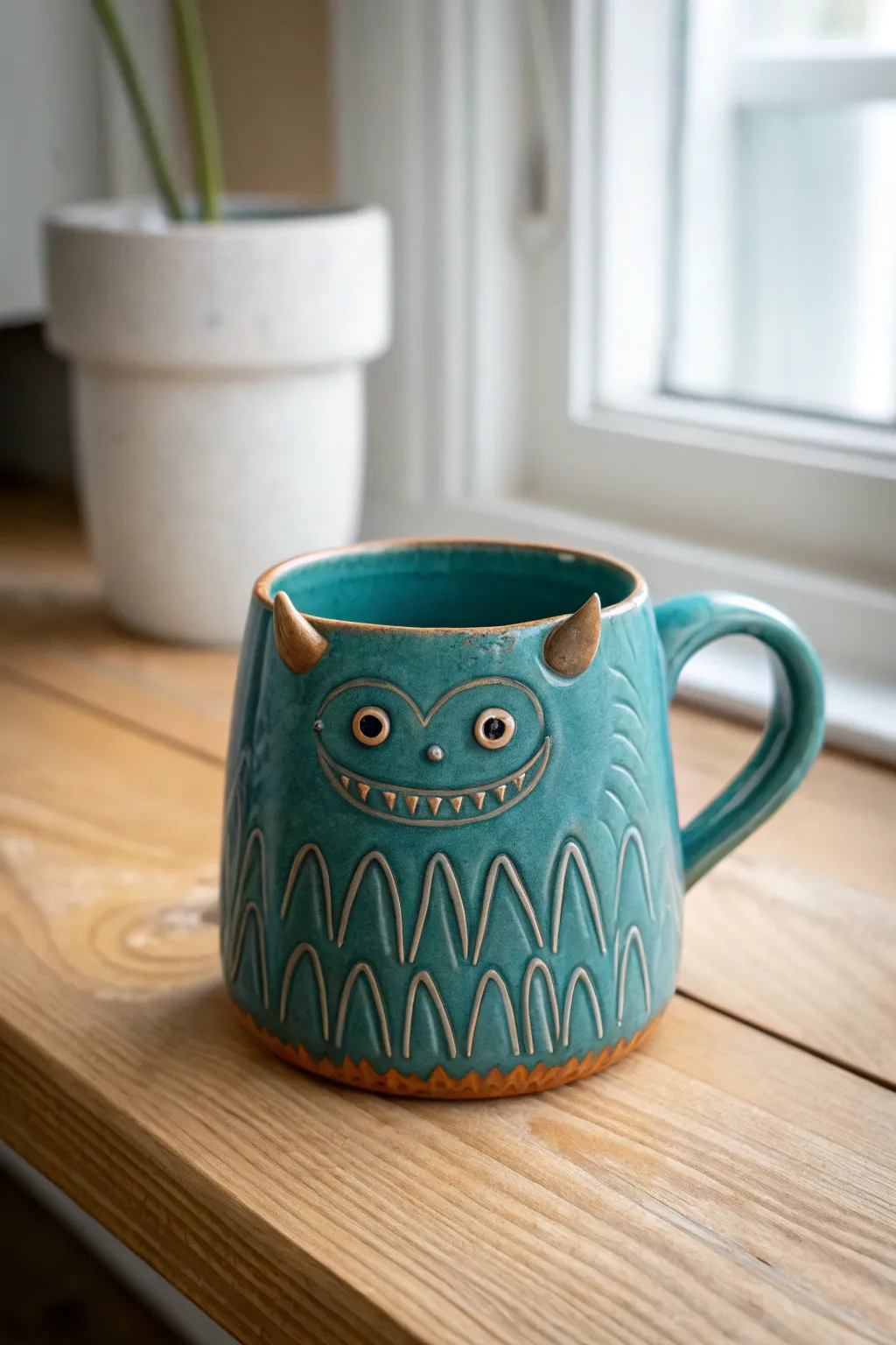 Furry carved monster mug with satin glaze, bold color, minimalist styling and cozy boho charm.