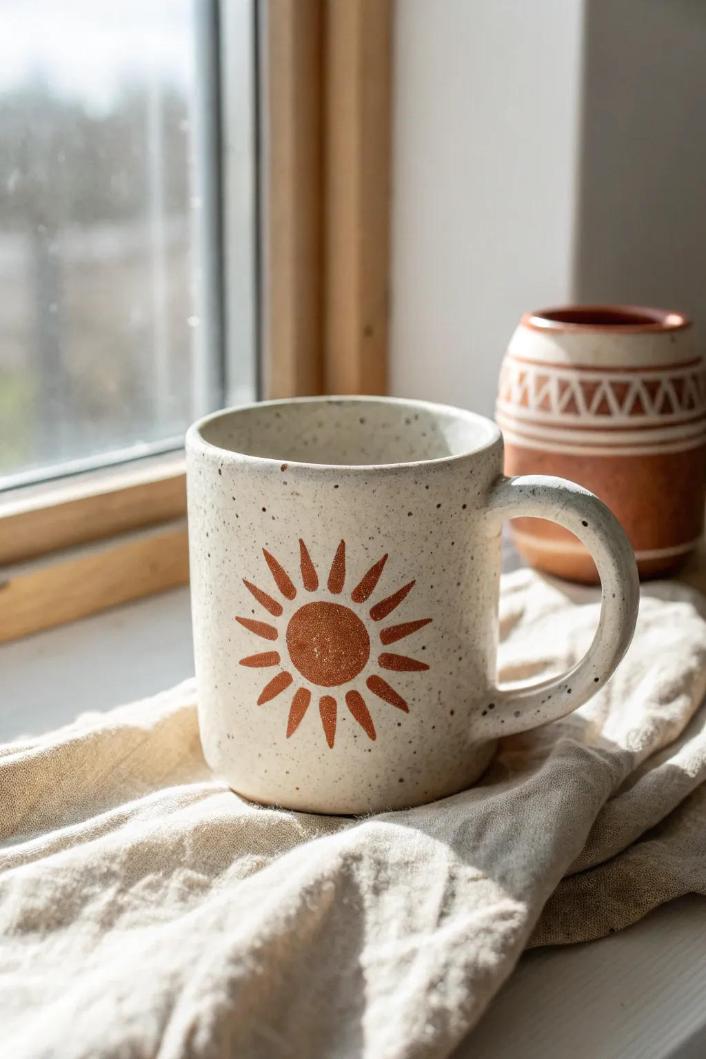 Beginner-friendly mug design: one bold sun motif for a clean, modern handmade look.