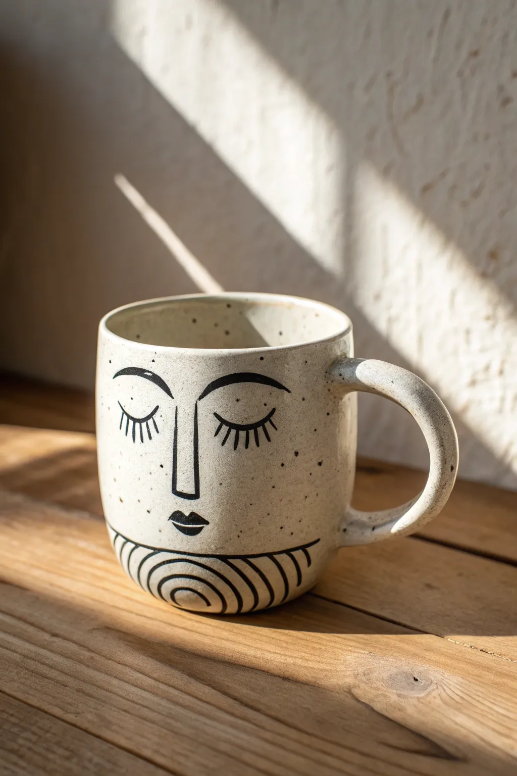 Clean line-drawn face mug in bold monochrome glaze, minimalist Scandinavian style with boho warmth