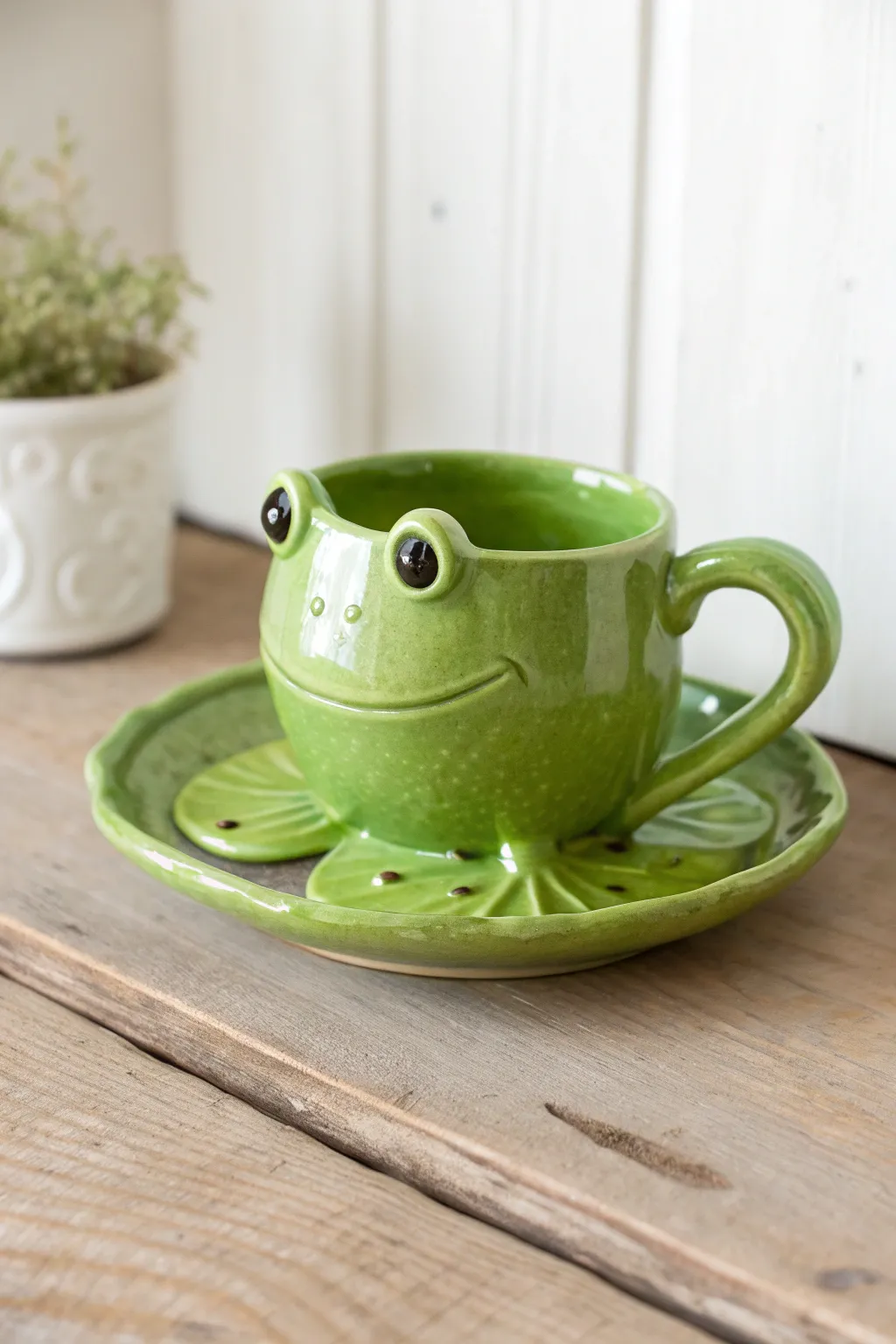Cheerful bright green frog mug with lily pad foot, simple handmade charm for pond-inspired tea time.