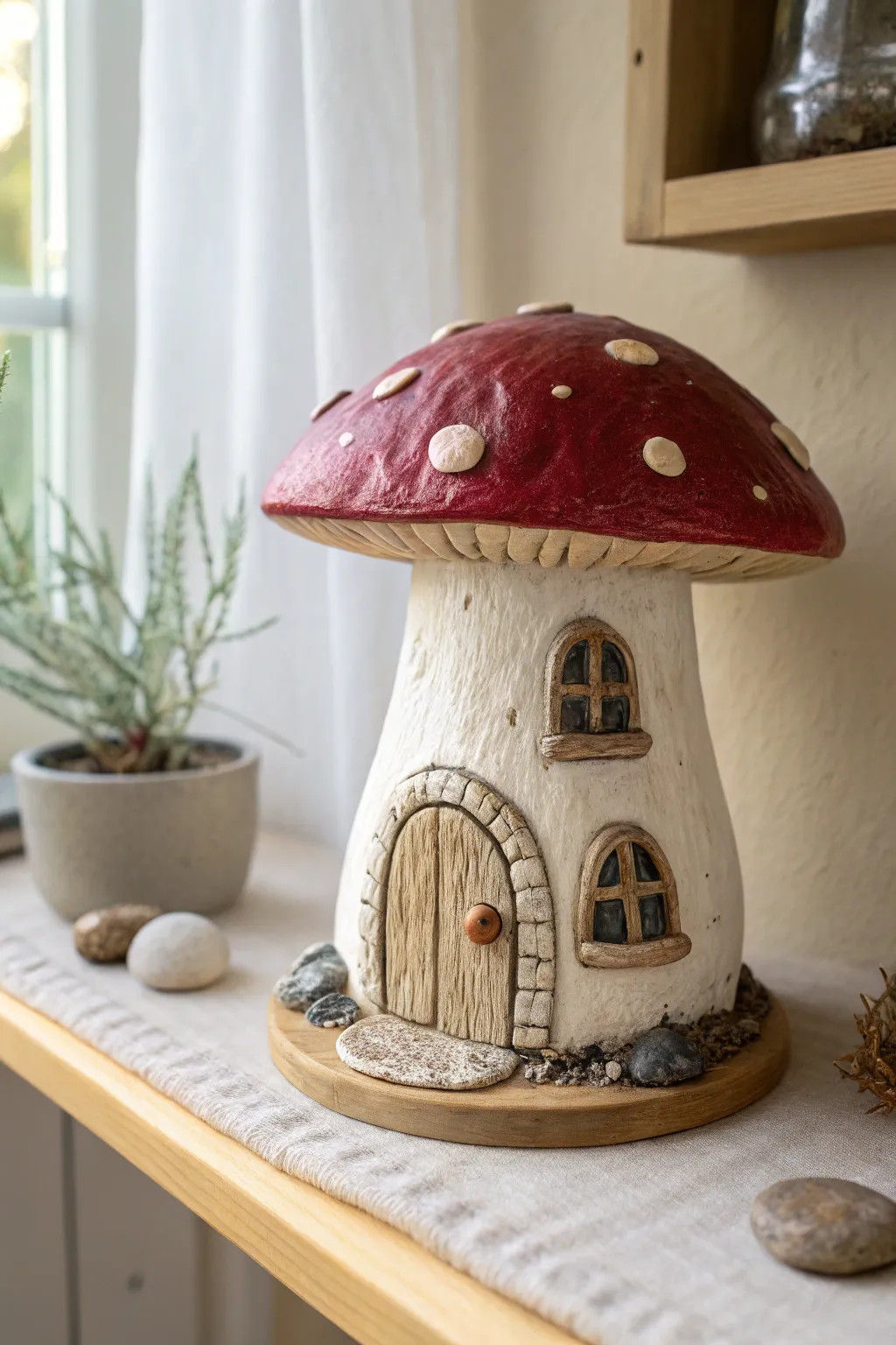 Whimsical clay mushroom house with a carved door, tiny windows, and a sweet pebble path