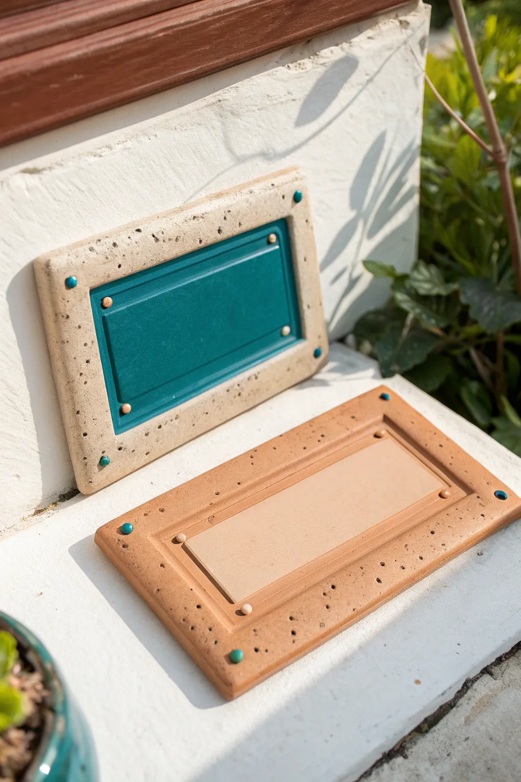 Two-layer clay name plate with a clean offset shadow line and a bold Scandinavian color contrast