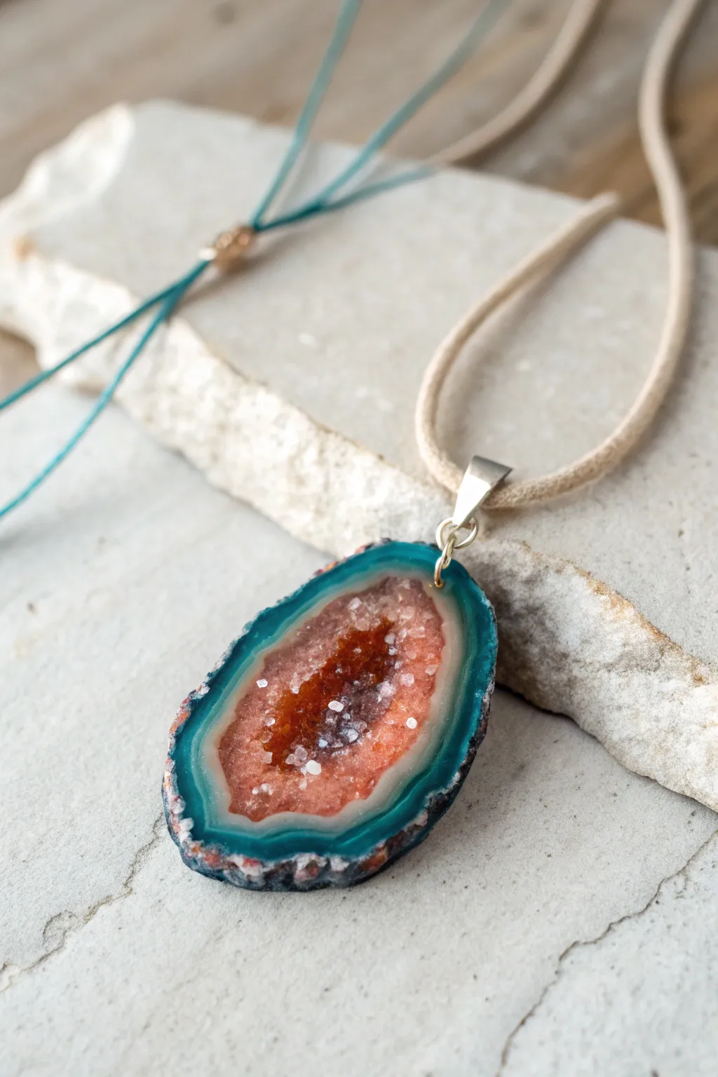 DIY clay geode slice pendant necklace with sparkly center, styled on stone in minimalist boho mood.