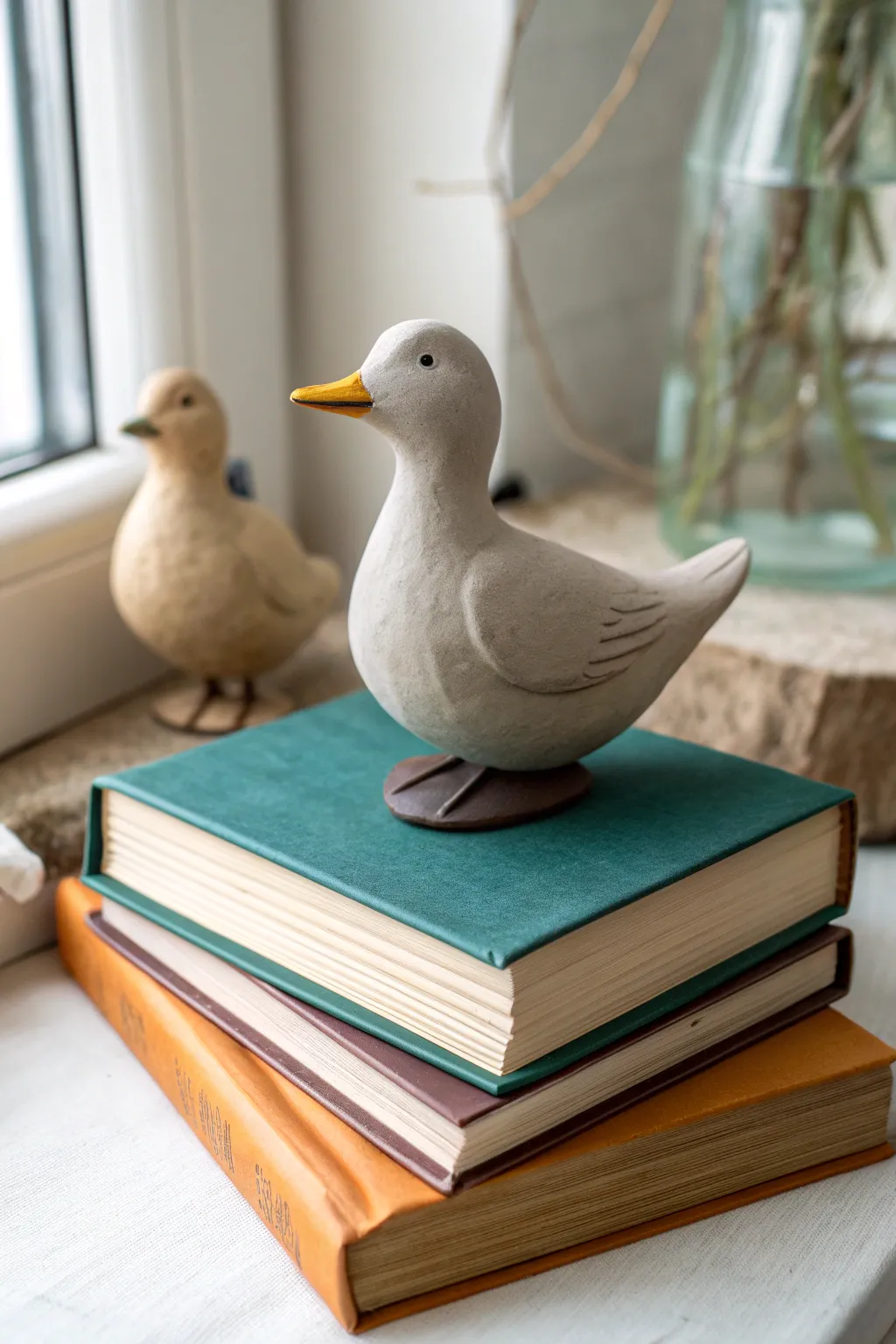 Minimal clay duck figurine on stacked books, neutral tones with bold color accents and cozy boho calm.