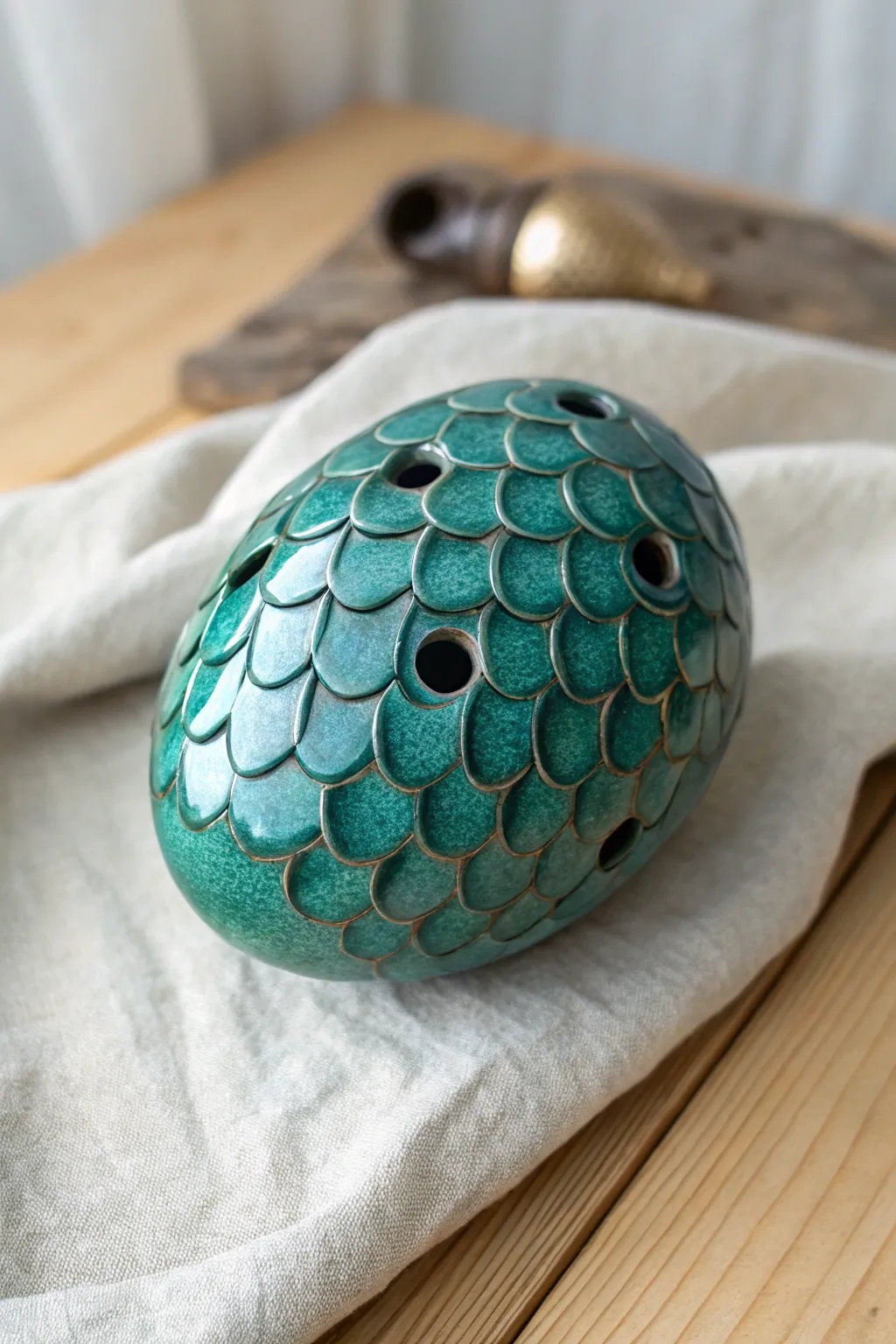 Dragon egg scale ocarina in glossy emerald glaze, a bold handmade statement for any shelf