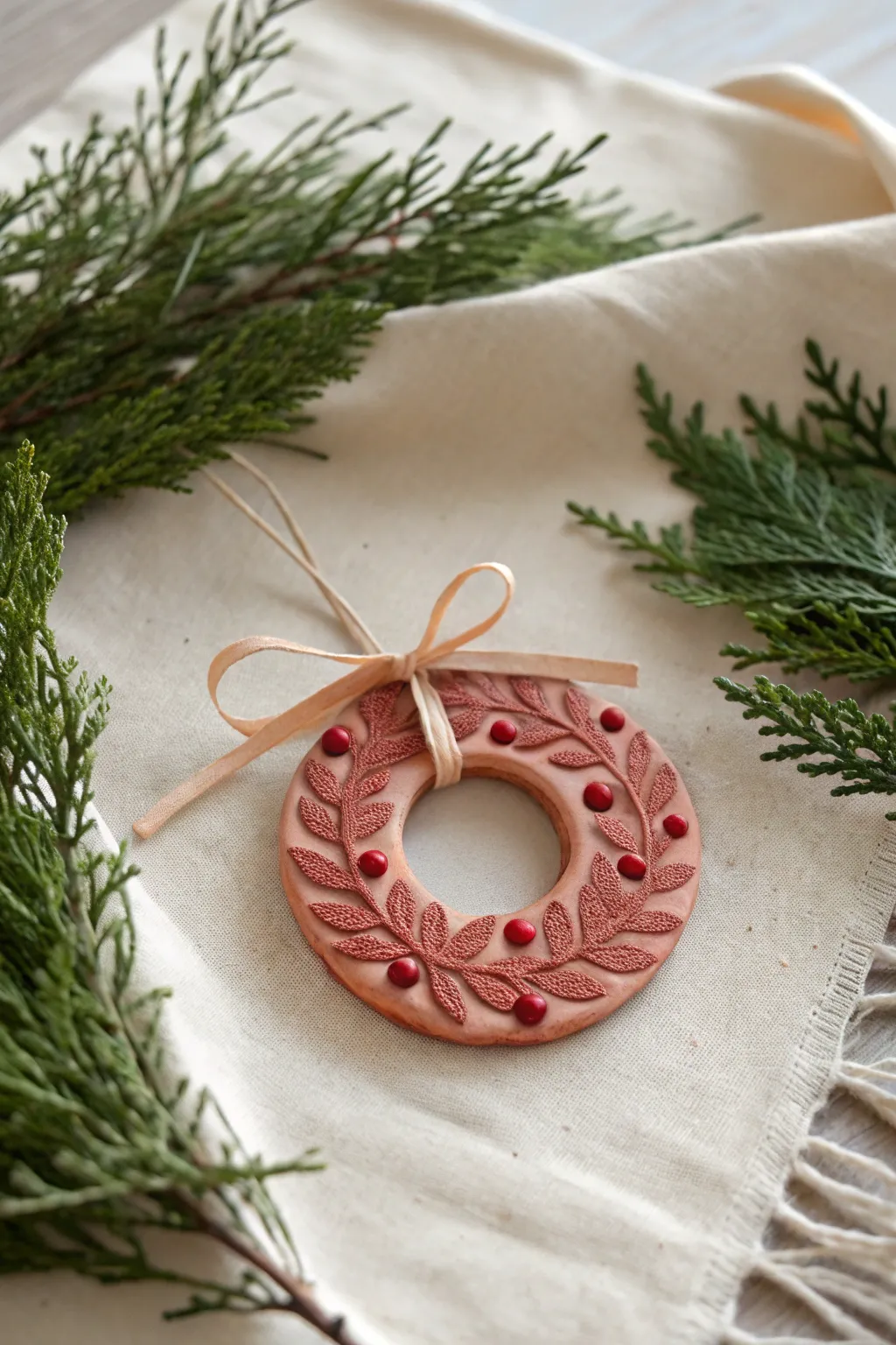 Mini clay wreath ornament with textured foliage and berry dots, styled on evergreen sprigs