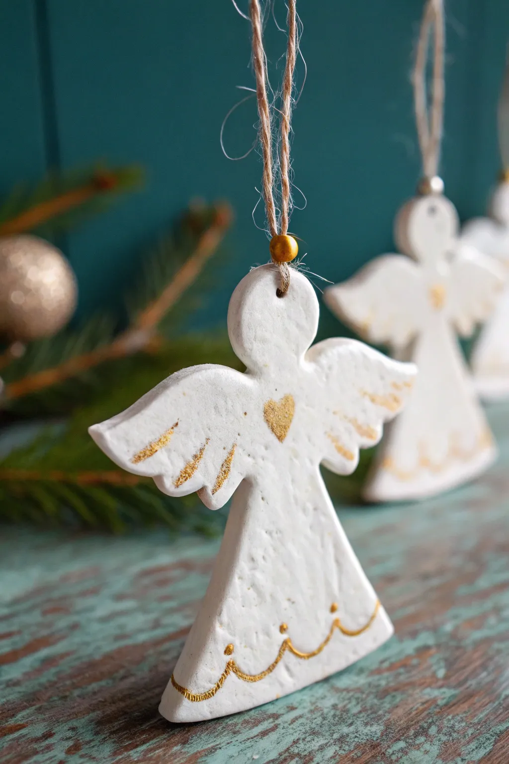 Sweet white clay angel silhouette with soft gold details, simple enough for kids to make