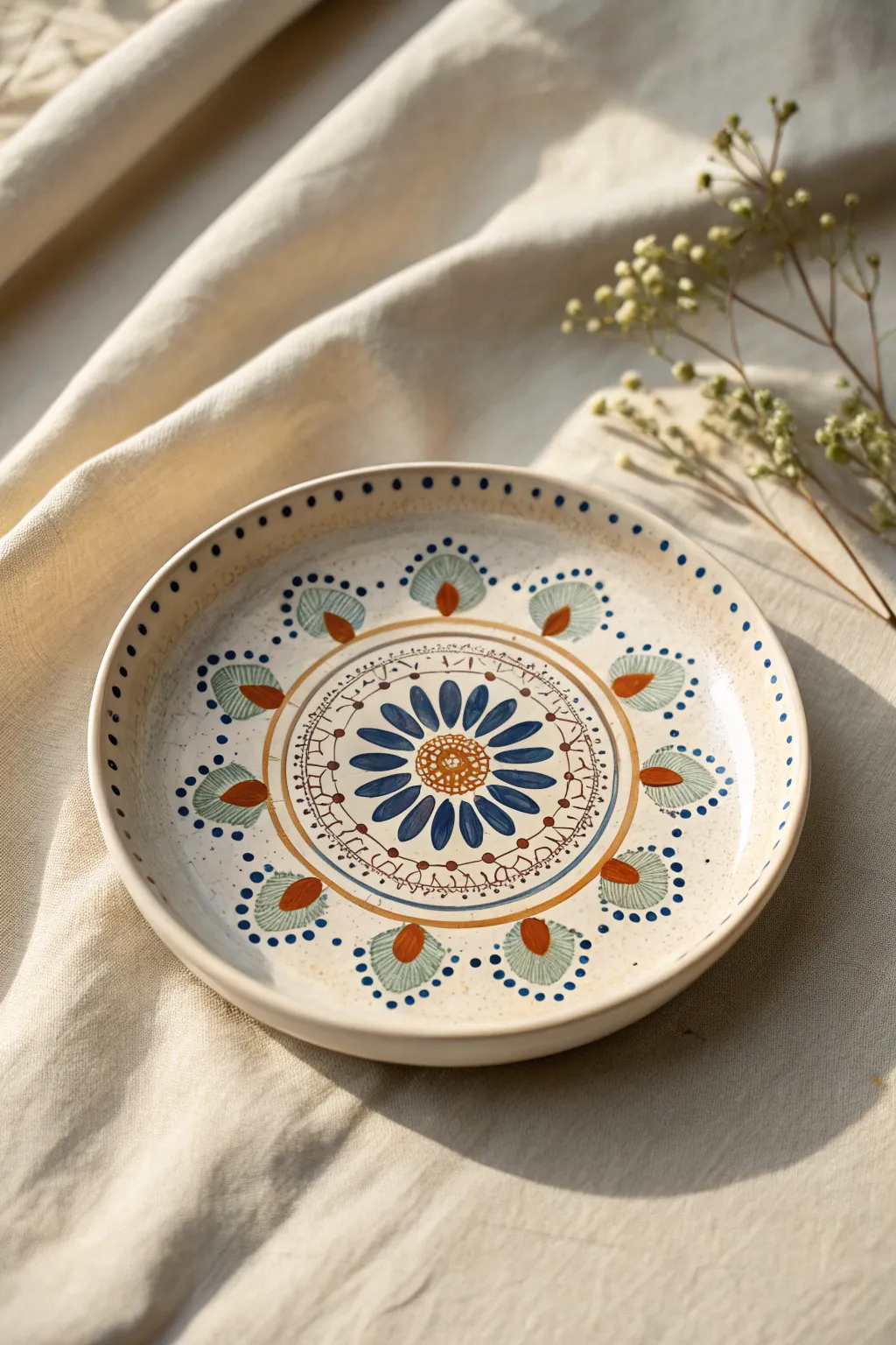 Dot mandala medallion plate idea: bold color pops on a calm minimalist base, easy and satisfying.