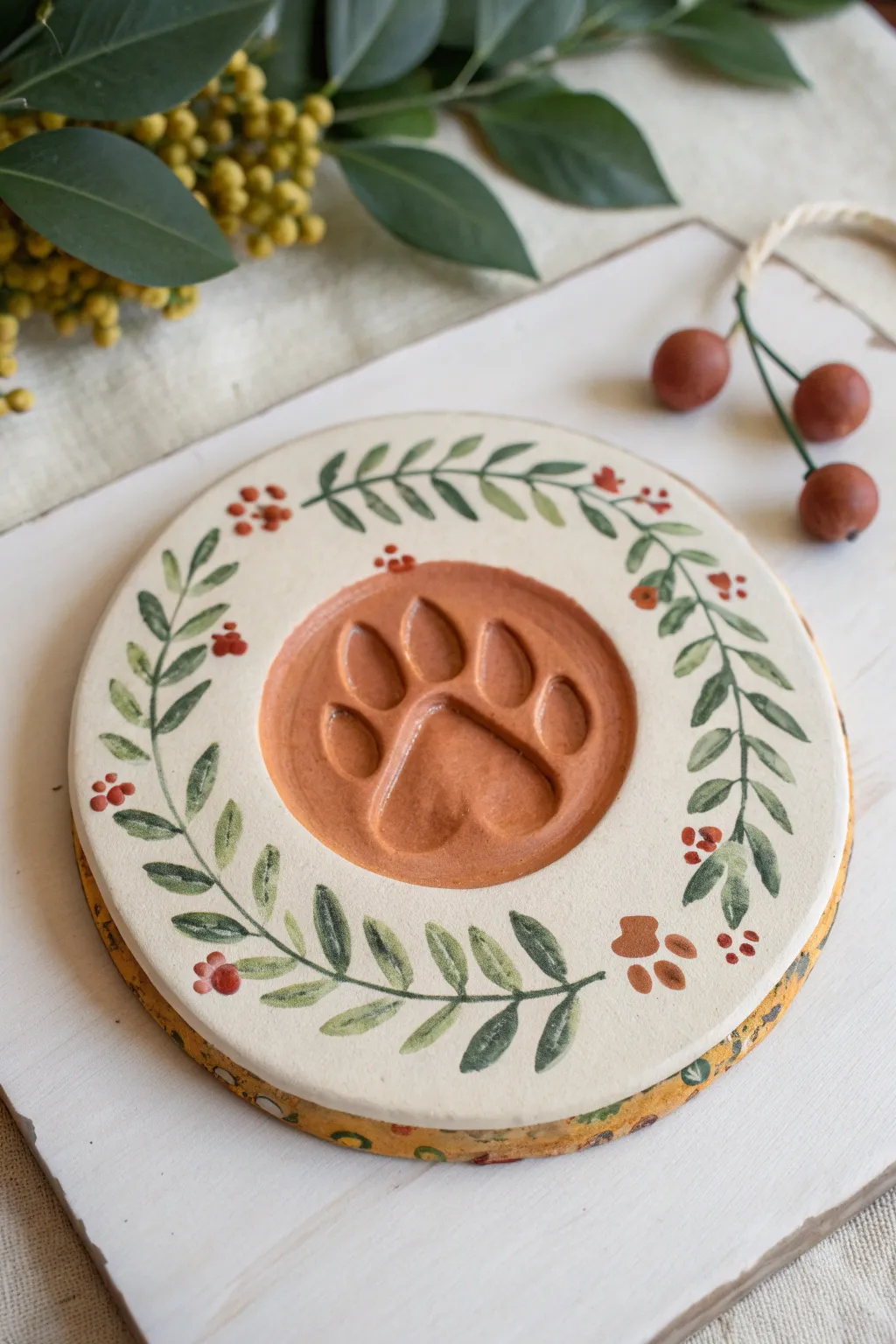 Sweet clay paw print framed by a simple leafy wreath border for a modern boho keepsake.