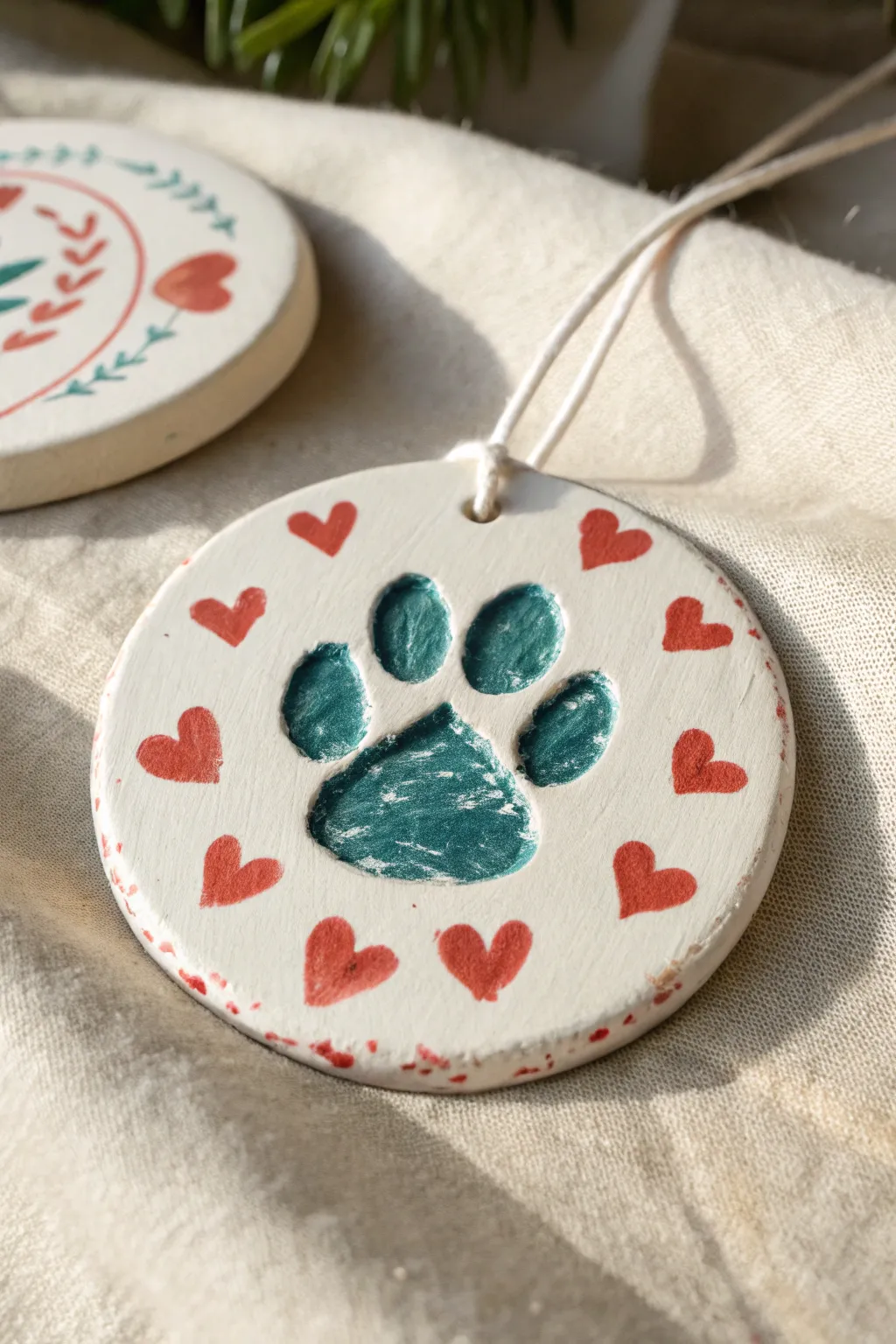 Heart halo around a paw print: an easy clay keepsake with bold color pop and minimalist charm.
