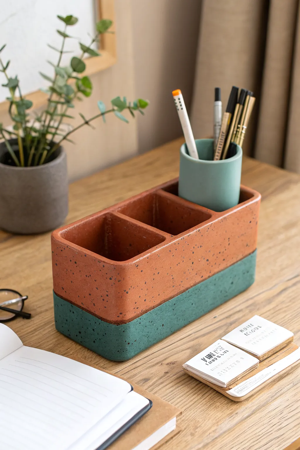 Simple clay desk caddy with bold teal glaze and clear compartments for pens and small essentials