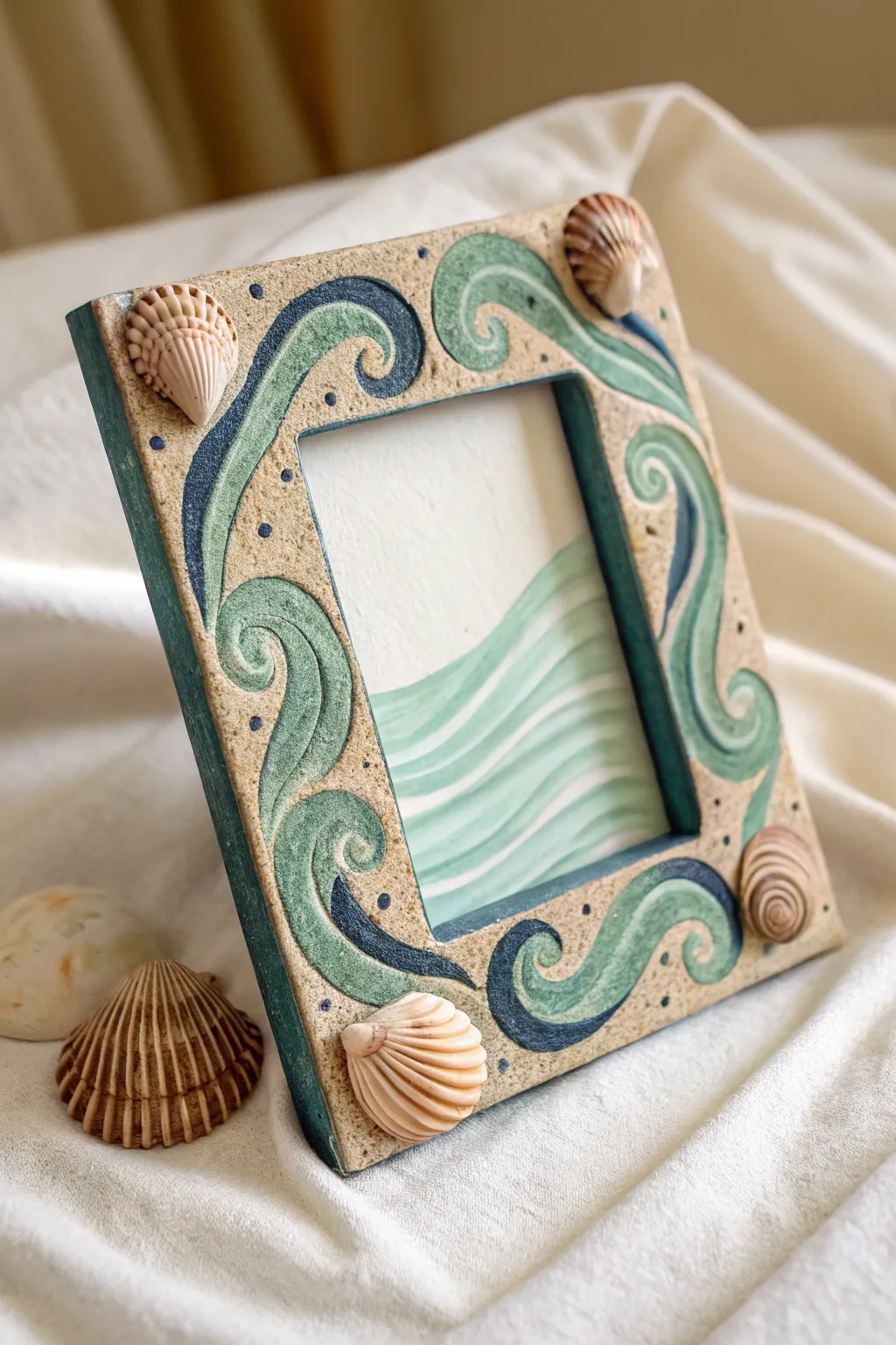 Ocean-inspired clay photo frame with wave swirls, shell accents, and sandy seafoam tones