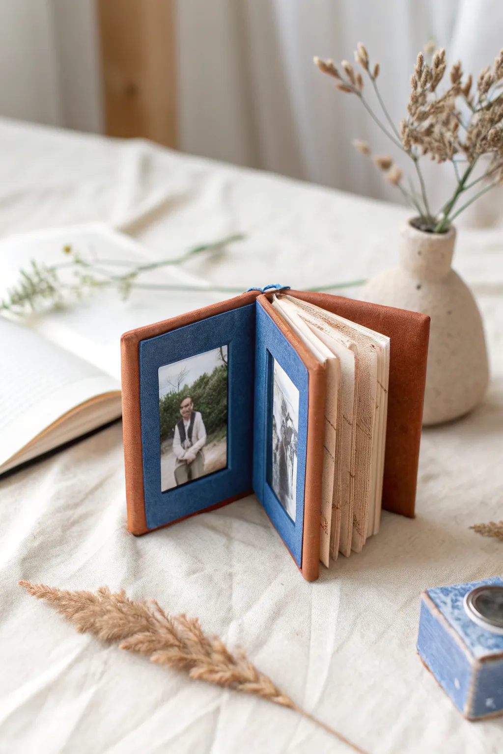 Mini clay book stand photo holder with bold cobalt accents and cozy minimalist craft vibes