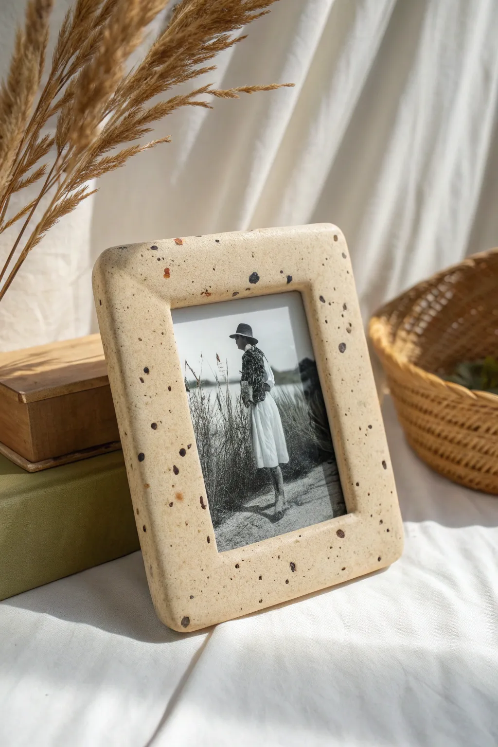 Speckled stoneware frame in calm monochrome with a bold indigo touch and soft natural light.