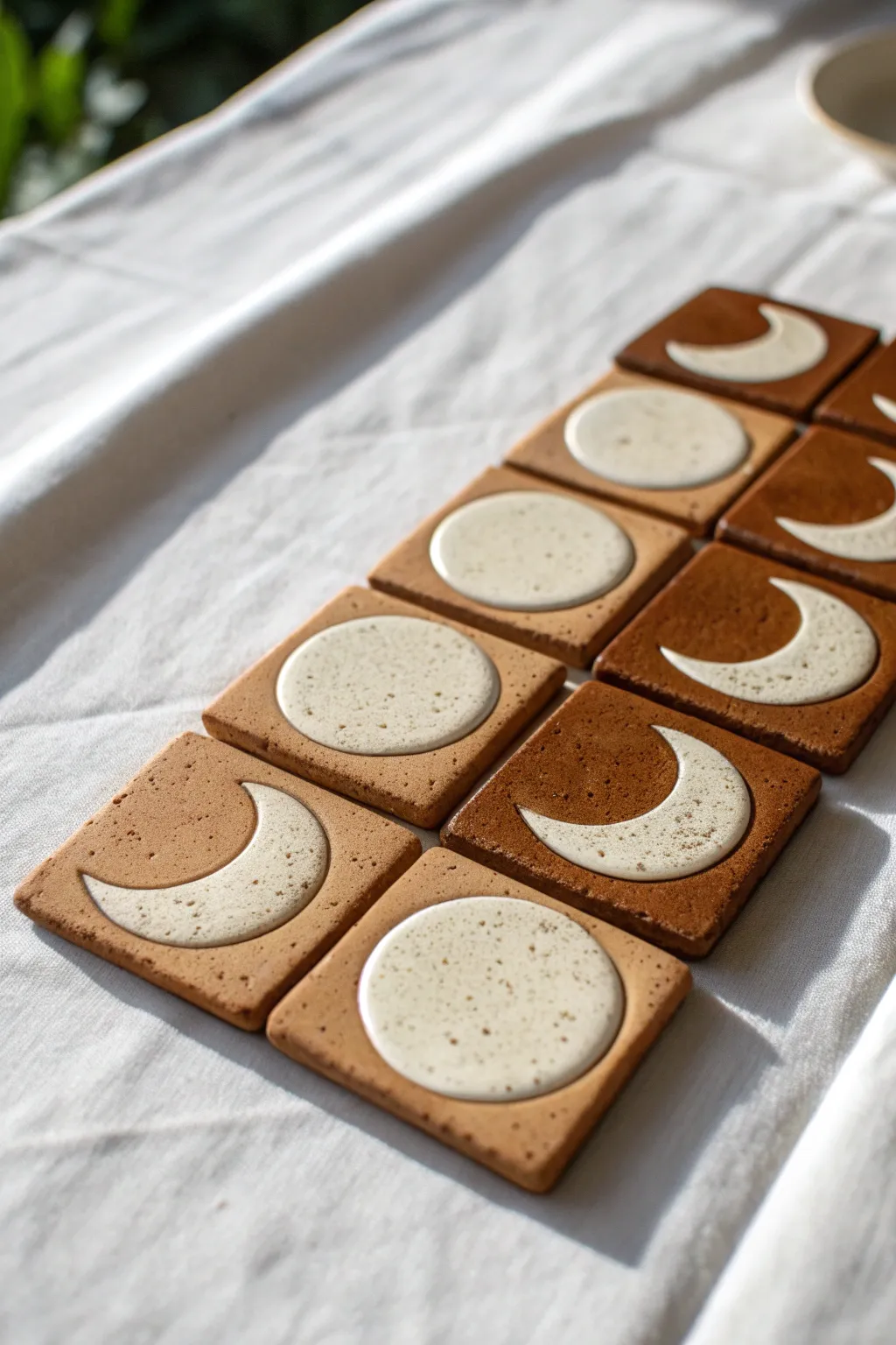 Mini moon phase clay tiles in relief, styled minimal and bold for a crisp wall art idea