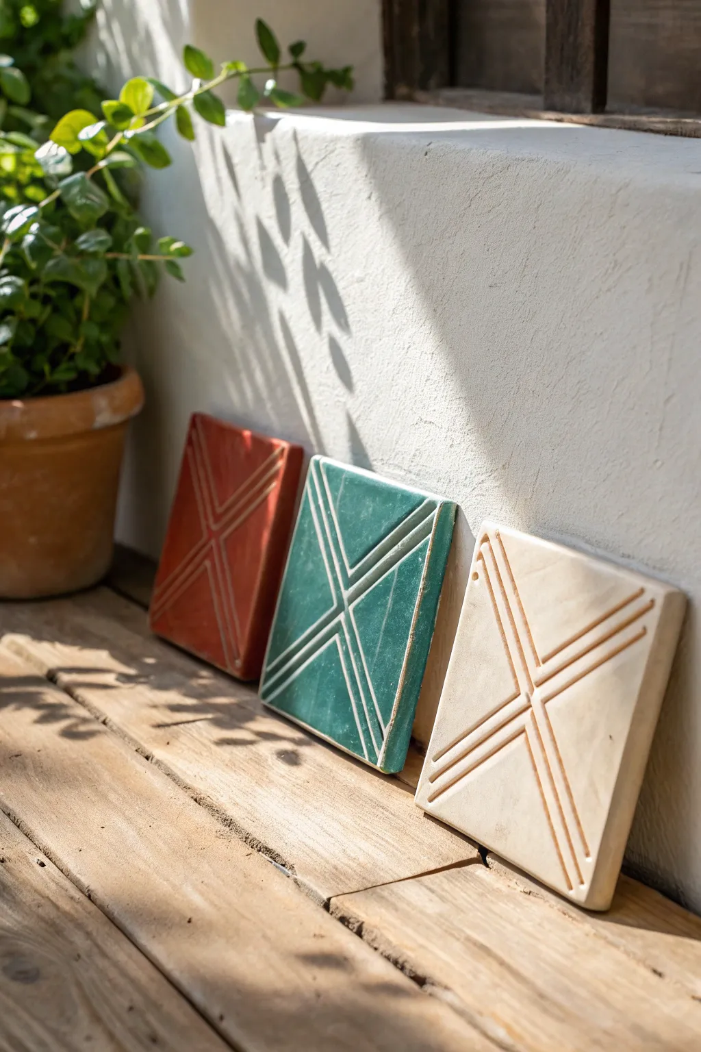 Three carved clay wall tiles with bold grooves and modern color for a simple, boho-minimal look