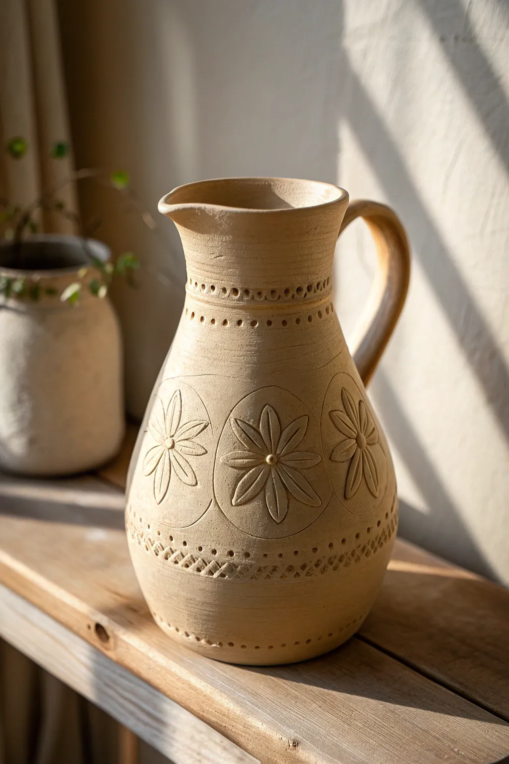 Floral carved clay pitcher with stitched embroidery vibes, warm light, minimalist shelf styling.