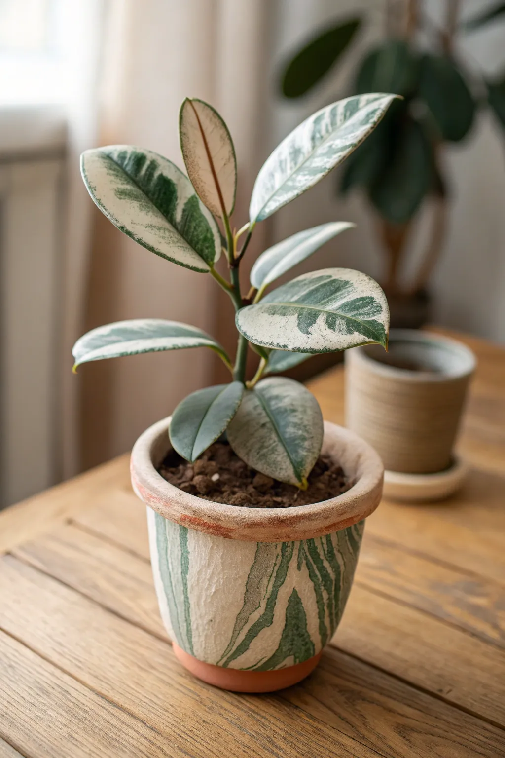 Marbled clay leaves with gentle variegation in a minimalist pot—simple, bold, and botanical.