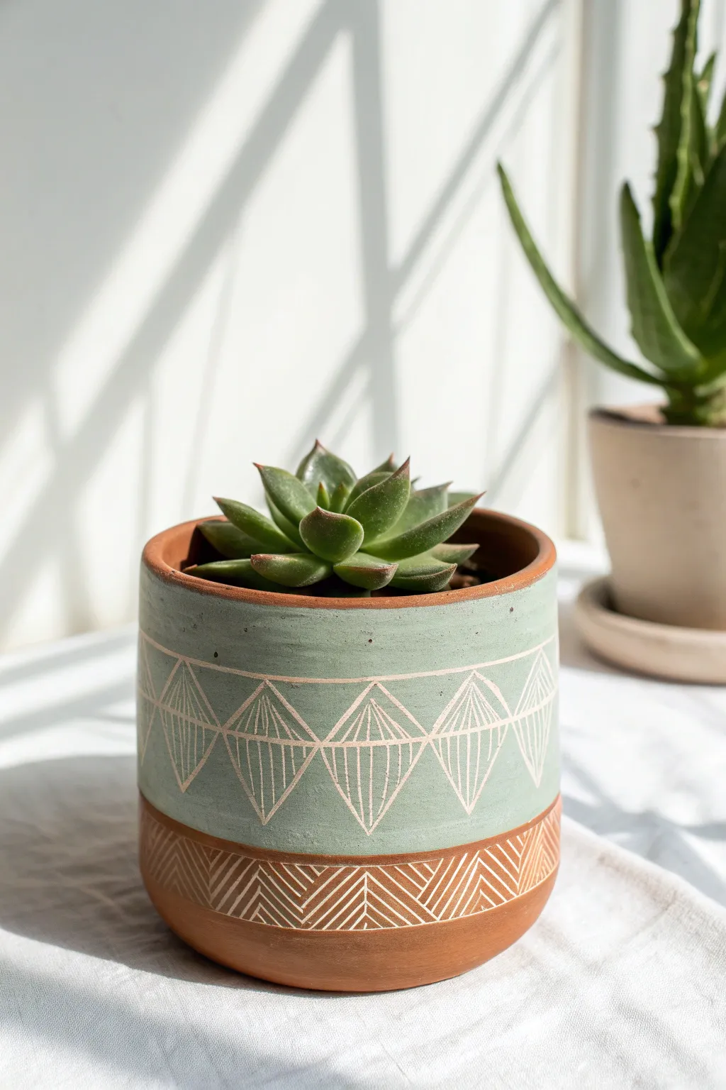 Two-tone sgraffito pot with crisp carved lines and a fresh succulent, minimalist and bold