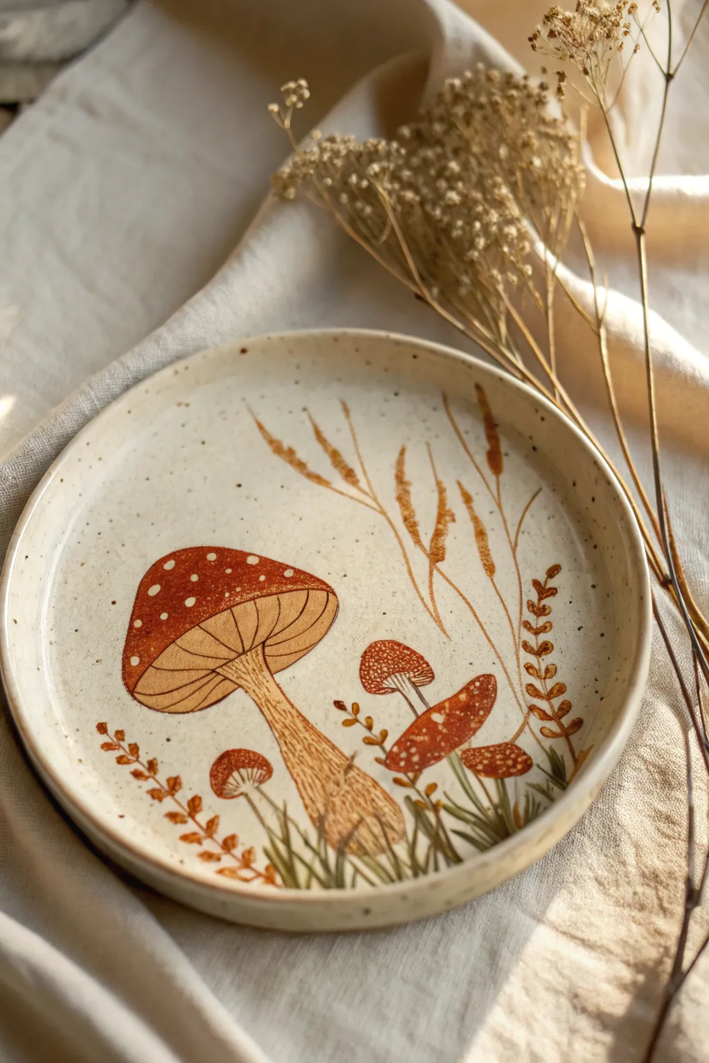 Mushroom woodland plate design in earthy reds and browns, cozy light, simple handmade charm