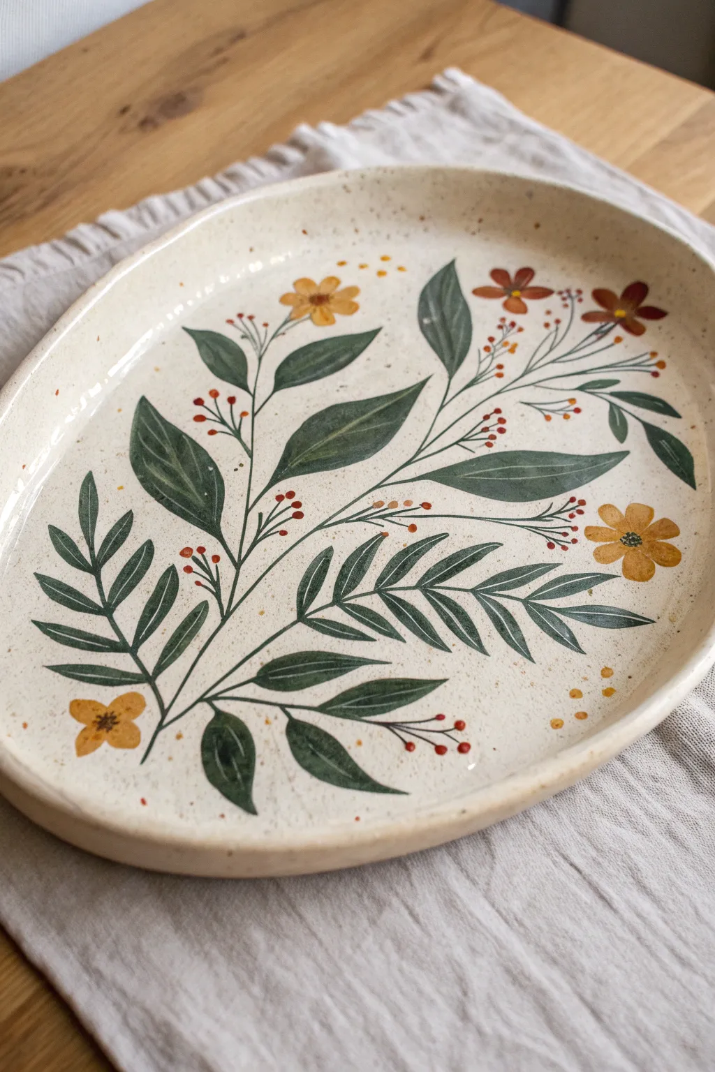 Minimal hand-painted botanical platter with bold leaves and a simple, modern color palette