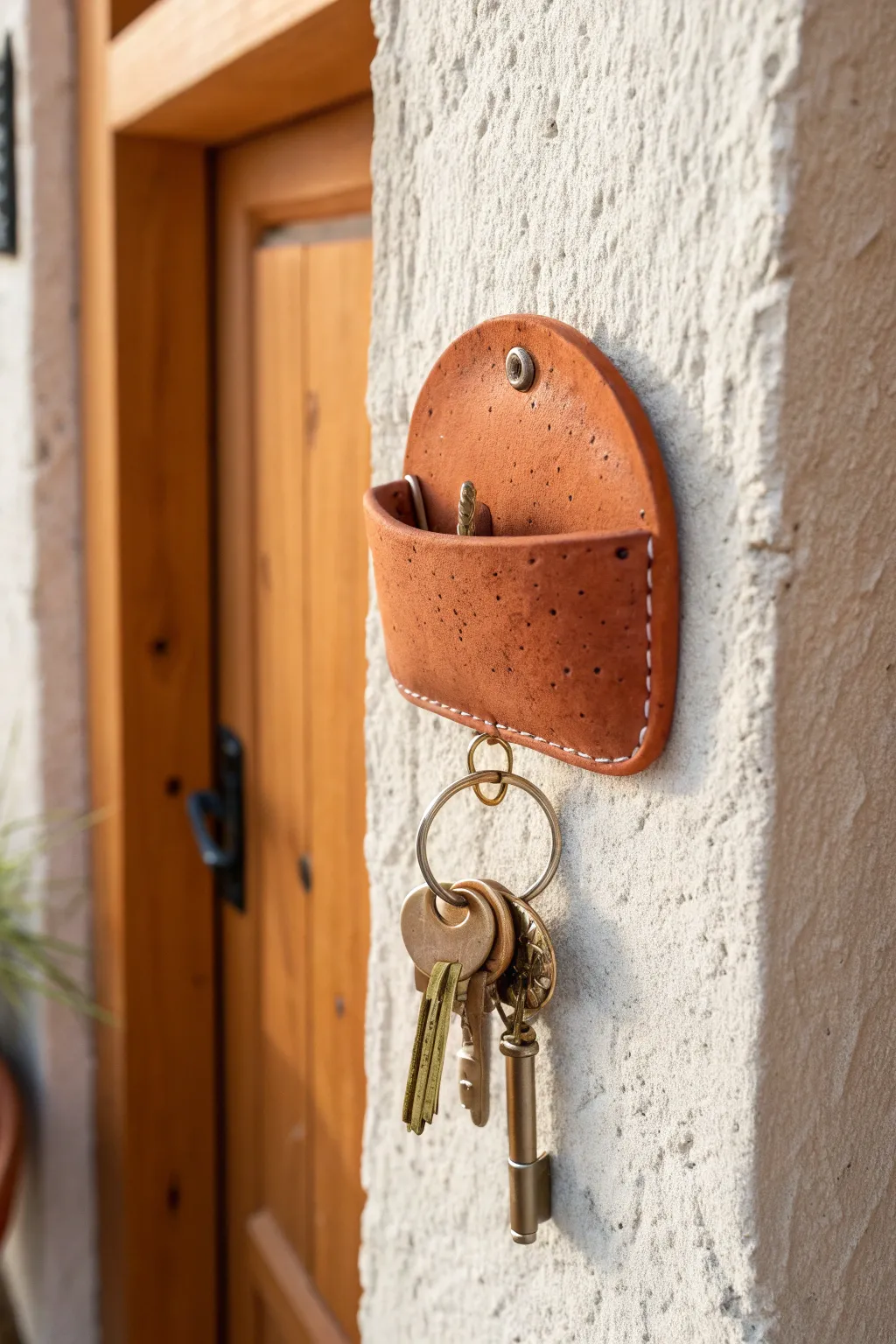 Tiny clay wall pocket in bold terracotta, keeping keys tidy by the door with cozy minimal charm.