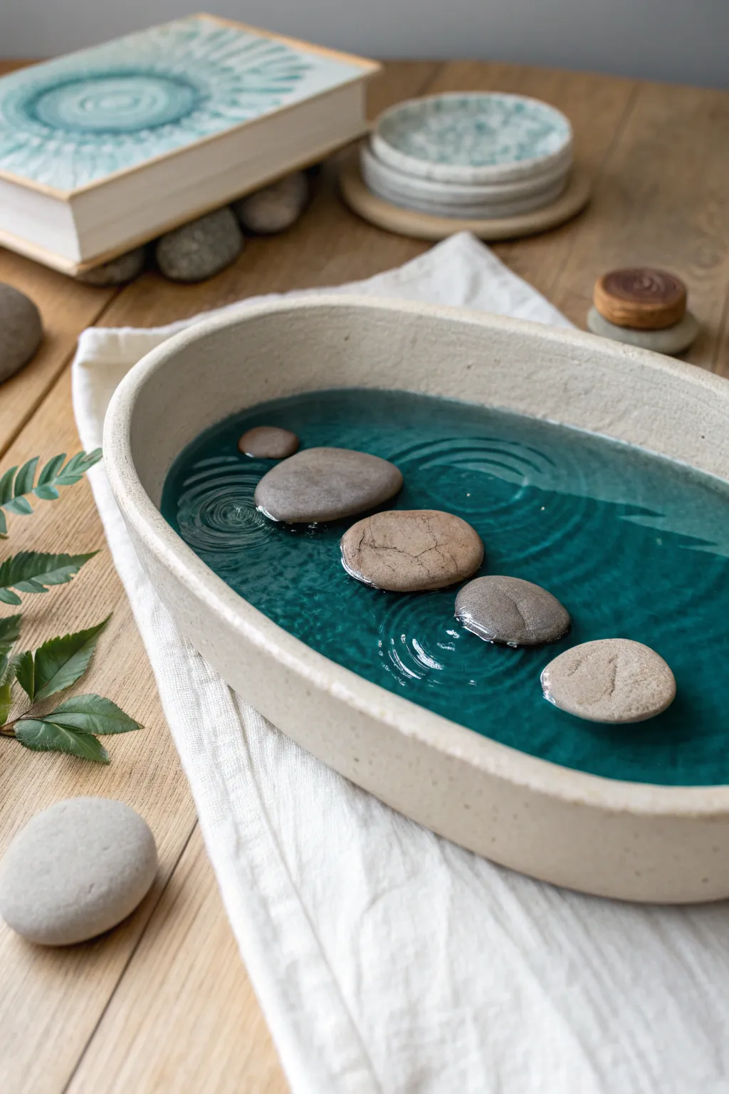 Mini clay pond with simple stepping stones, calm ripples, and bold earthy blues for zen charm.
