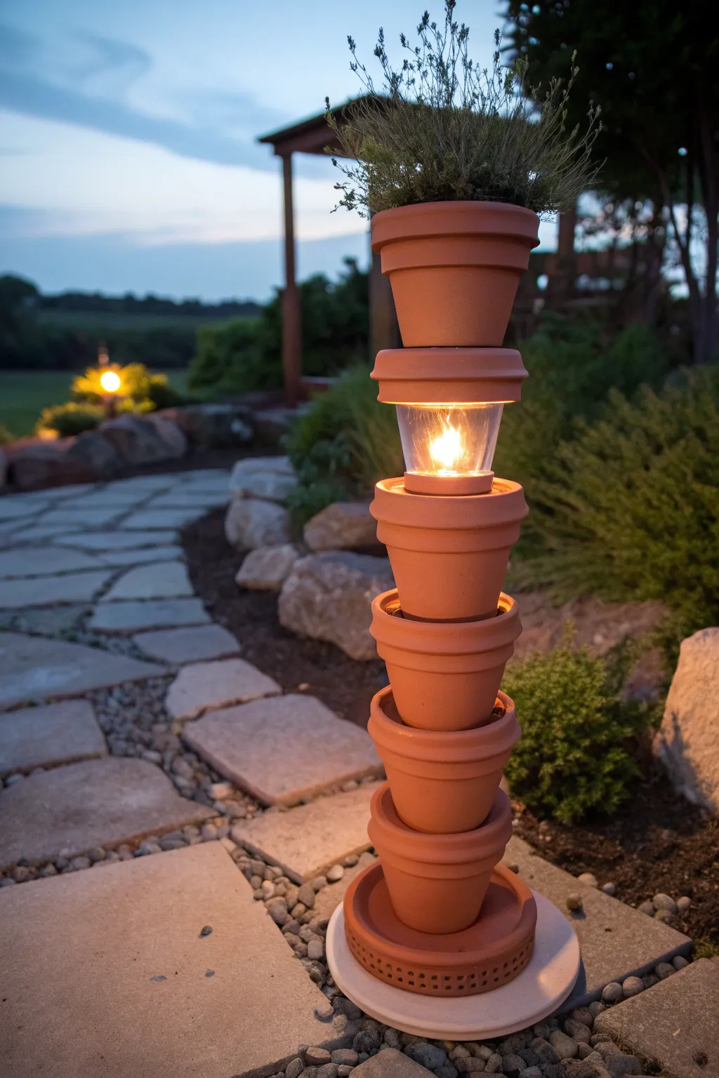 DIY clay pot lantern tower with solar glow, a cozy dusk accent for minimalist boho patios.
