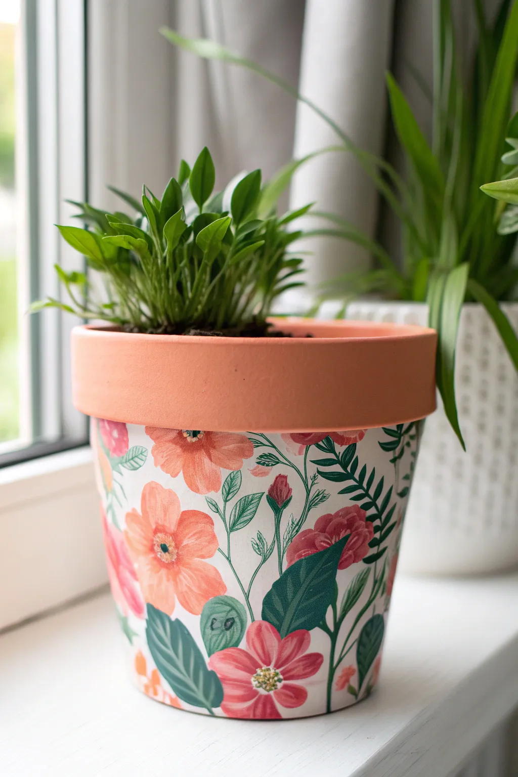 Floral paper decoupage turns a simple terracotta pot into a bold, printed-look accent