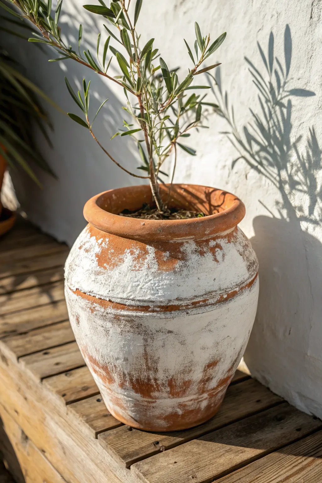 Distressed vintage clay pot with chalky patina, a wild sprig, and rustic wood charm.
