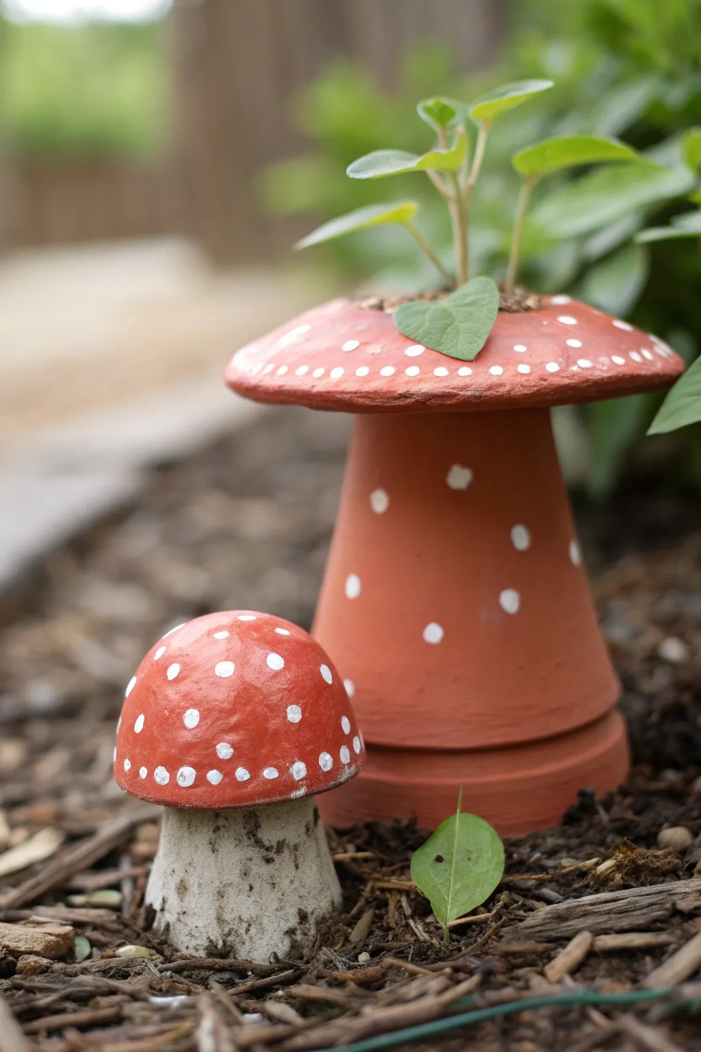 DIY clay pot mushroom with bold painted cap nestled in mulch for a whimsical garden bed