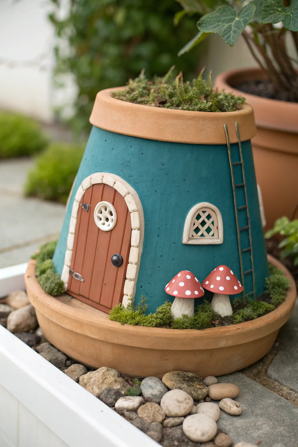 Whimsical upside-down terracotta toad house with bold painted door and tiny mushroom accents.