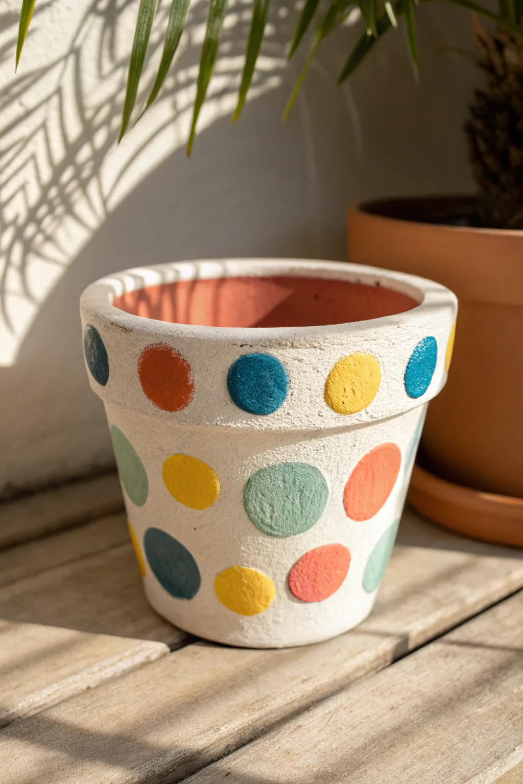 Playful sponge-stamped texture pot with bright colors and a crisp contrasting rim