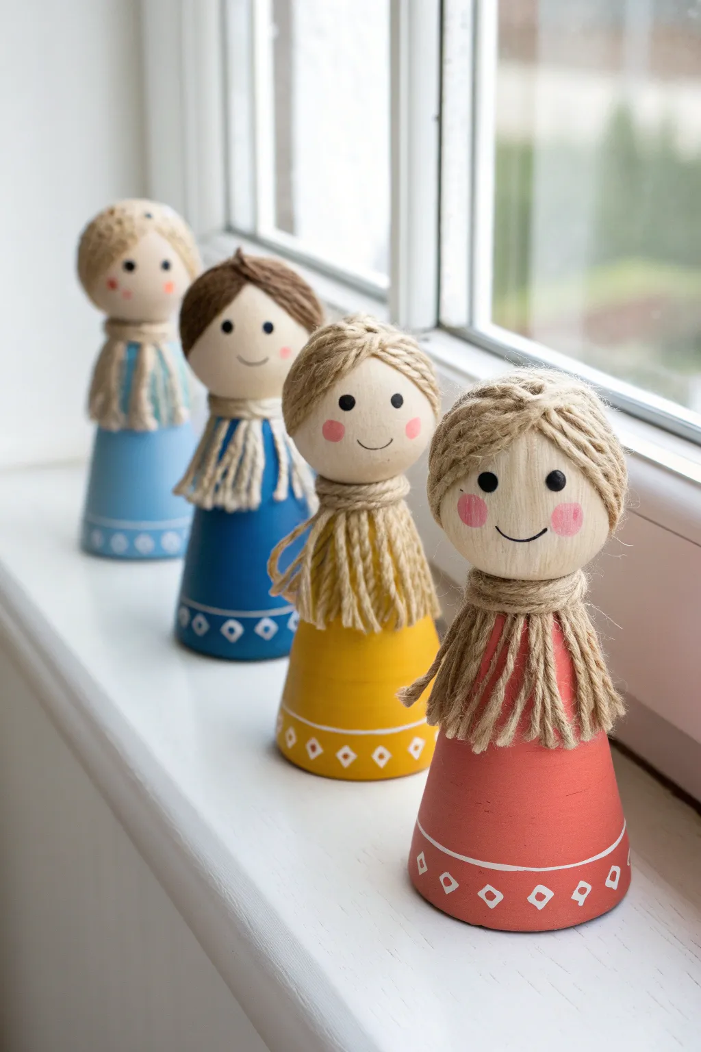 Adorable mini clay pot people trio on a sunny windowsill, simple, colorful, handmade charm.