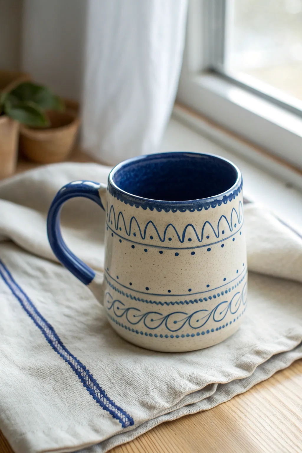 Raised slip-trailed squiggles add touchable texture to a minimalist mug in bold, modern color.