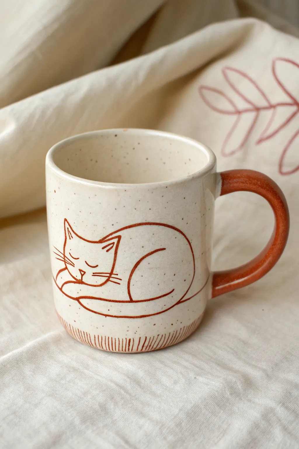 Minimal one-line animal mug design with bold terracotta contrast and a calm Scandinavian feel