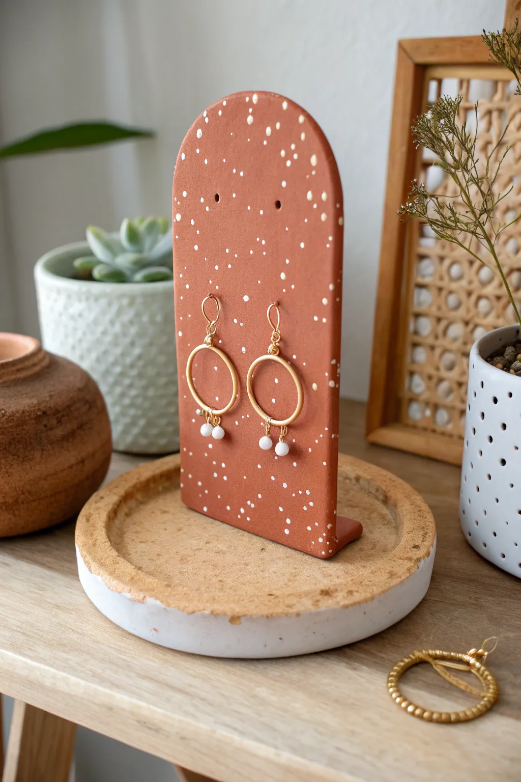 Minimal ceramic peg stand for earrings, Scandinavian calm with a bold boho terracotta pop