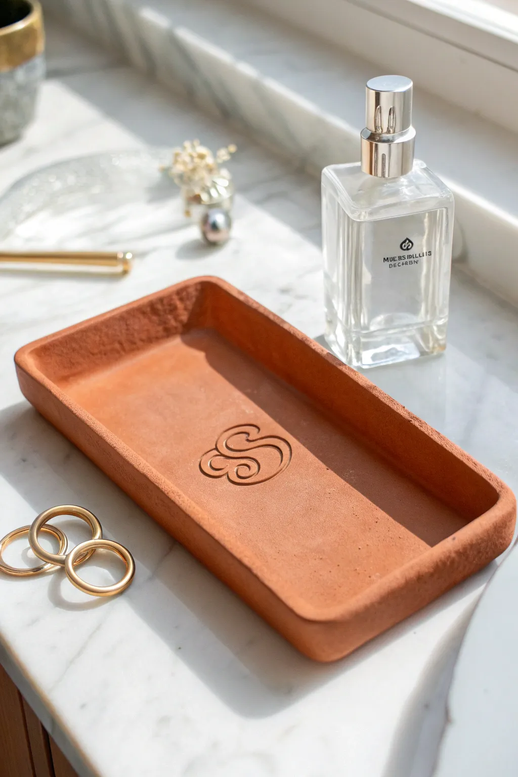 Minimal monogram-inspired clay tray in terracotta and cobalt, perfect for rings and perfume.